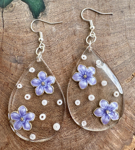 Handmade Floral Resin Teardrop Earrings | Purple Flower & Beads Easter Earrings Consecrated Jewelry Co.
