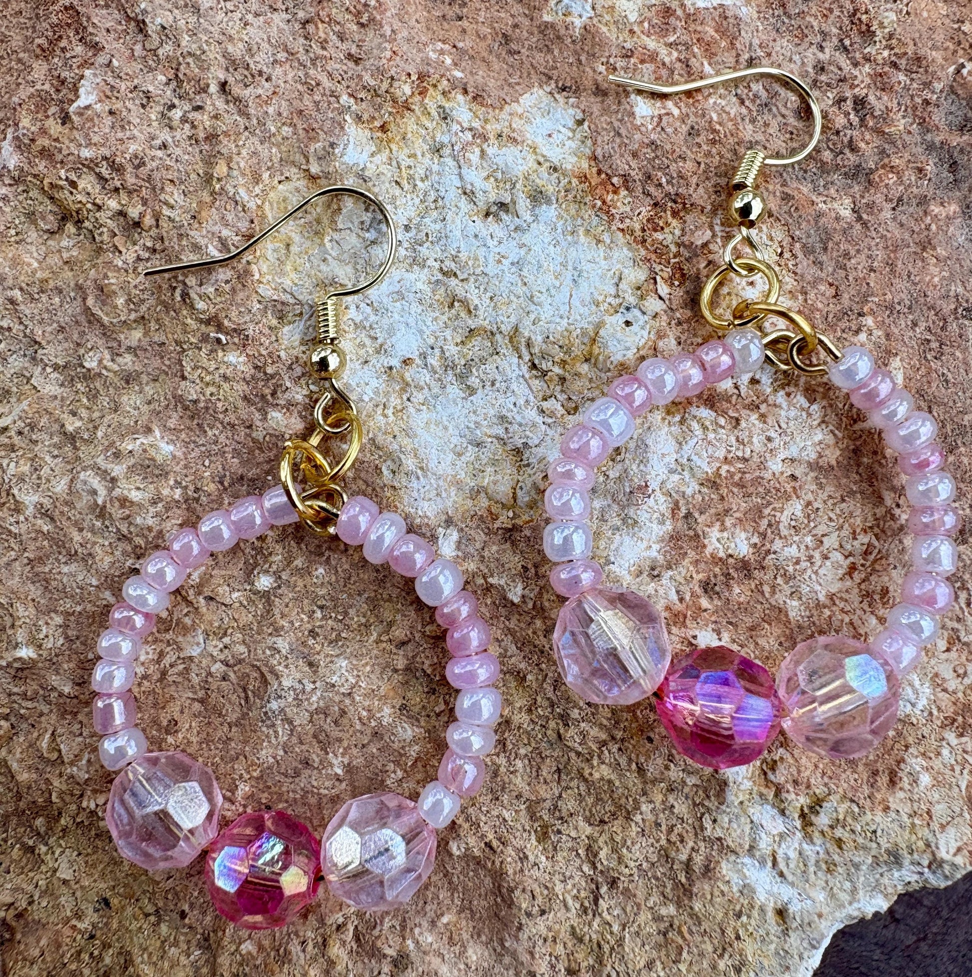 Pink Hoop Earrings | Beaded Crystal Dangles Earrings Consecrated Jewelry Co.