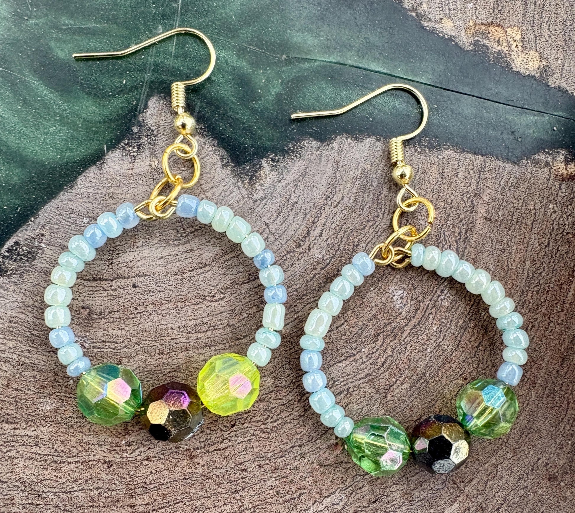 Blue & Green Hoop Earrings | Beaded Crystal Dangles Earrings Consecrated Jewelry Co.