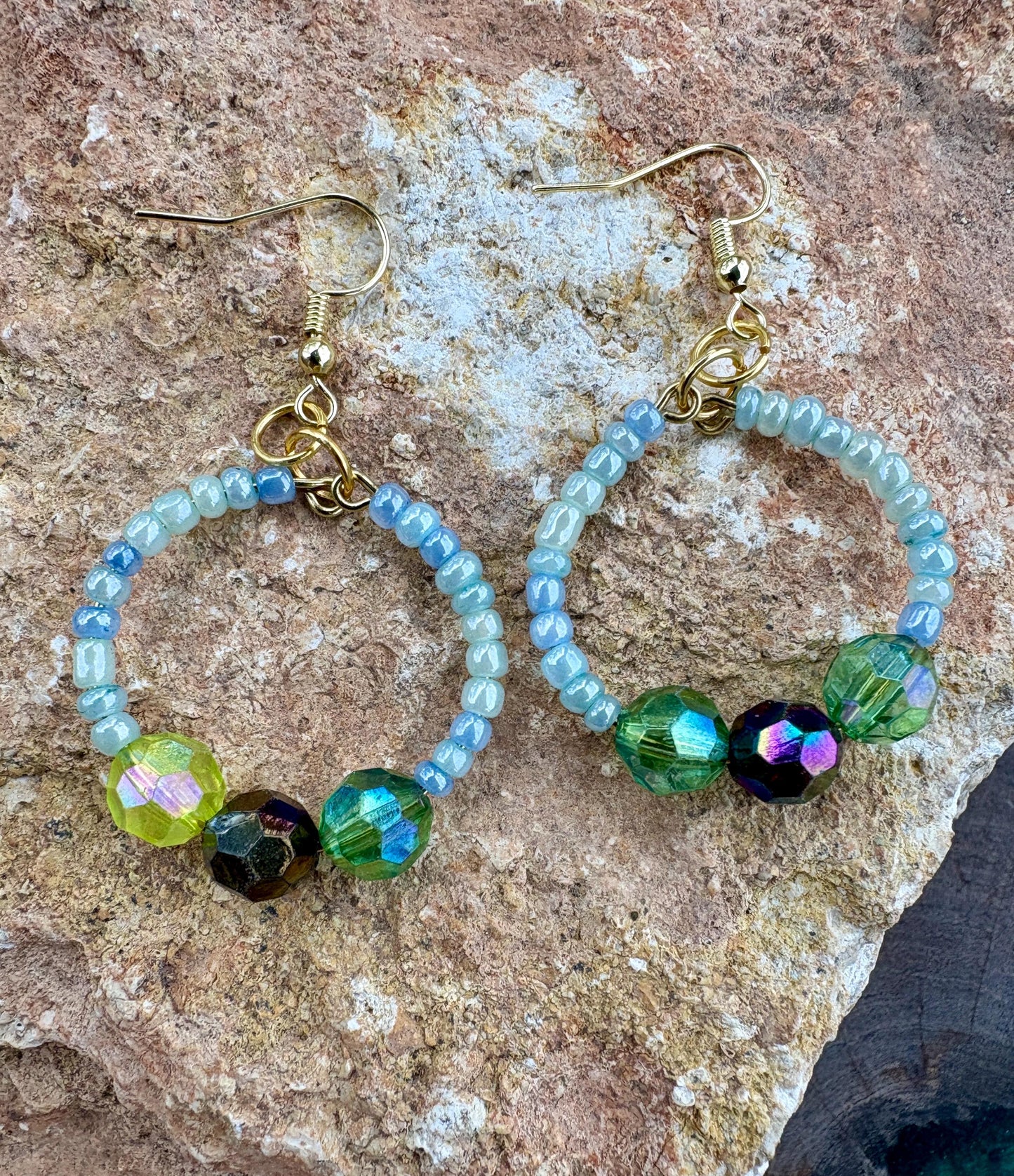 Blue & Green Hoop Earrings | Beaded Crystal Dangles Earrings Consecrated Jewelry Co.