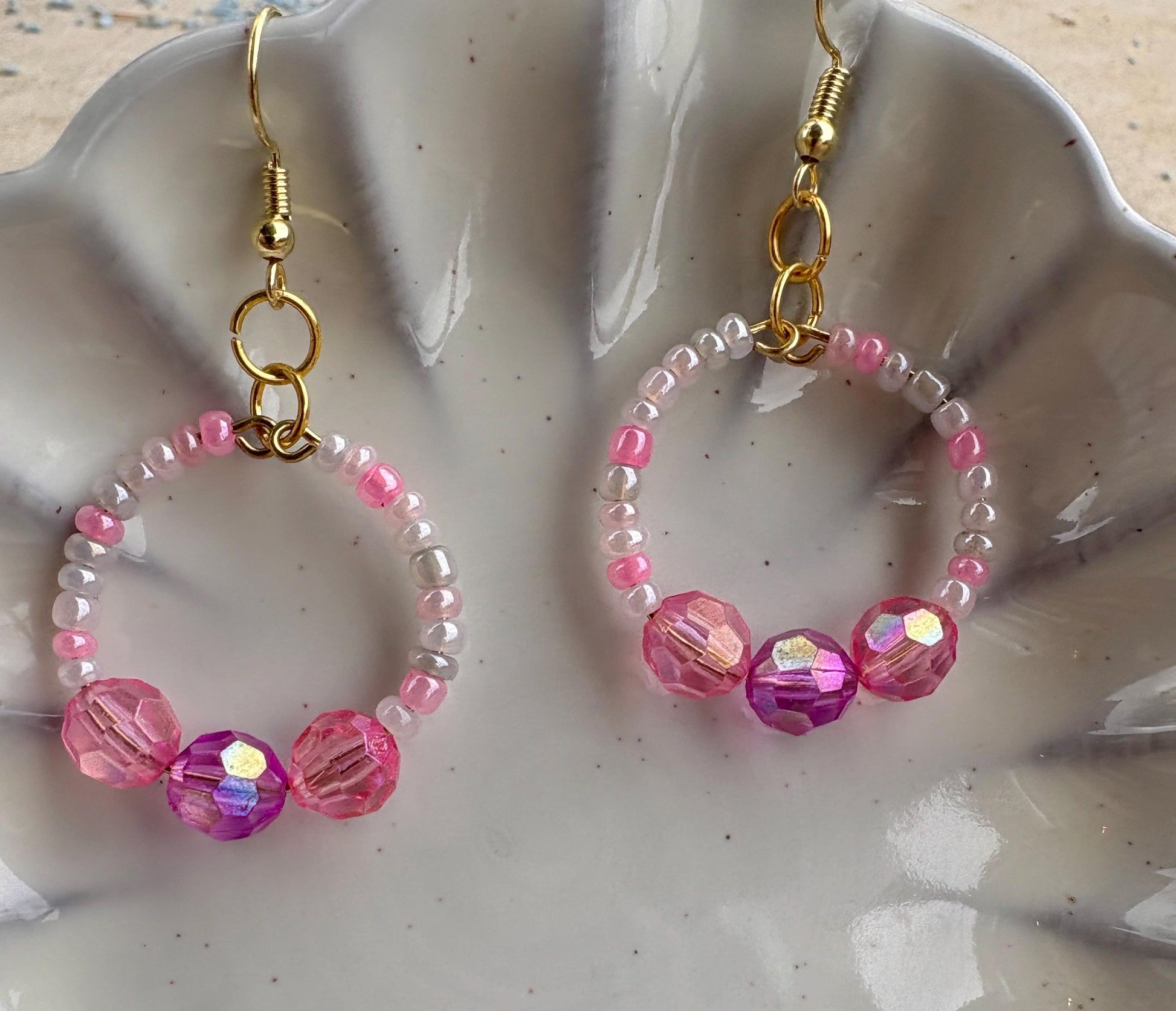 Pink & Purple Hoop Earrings | Beaded Crystal Dangles Earrings Consecrated Jewelry Co.