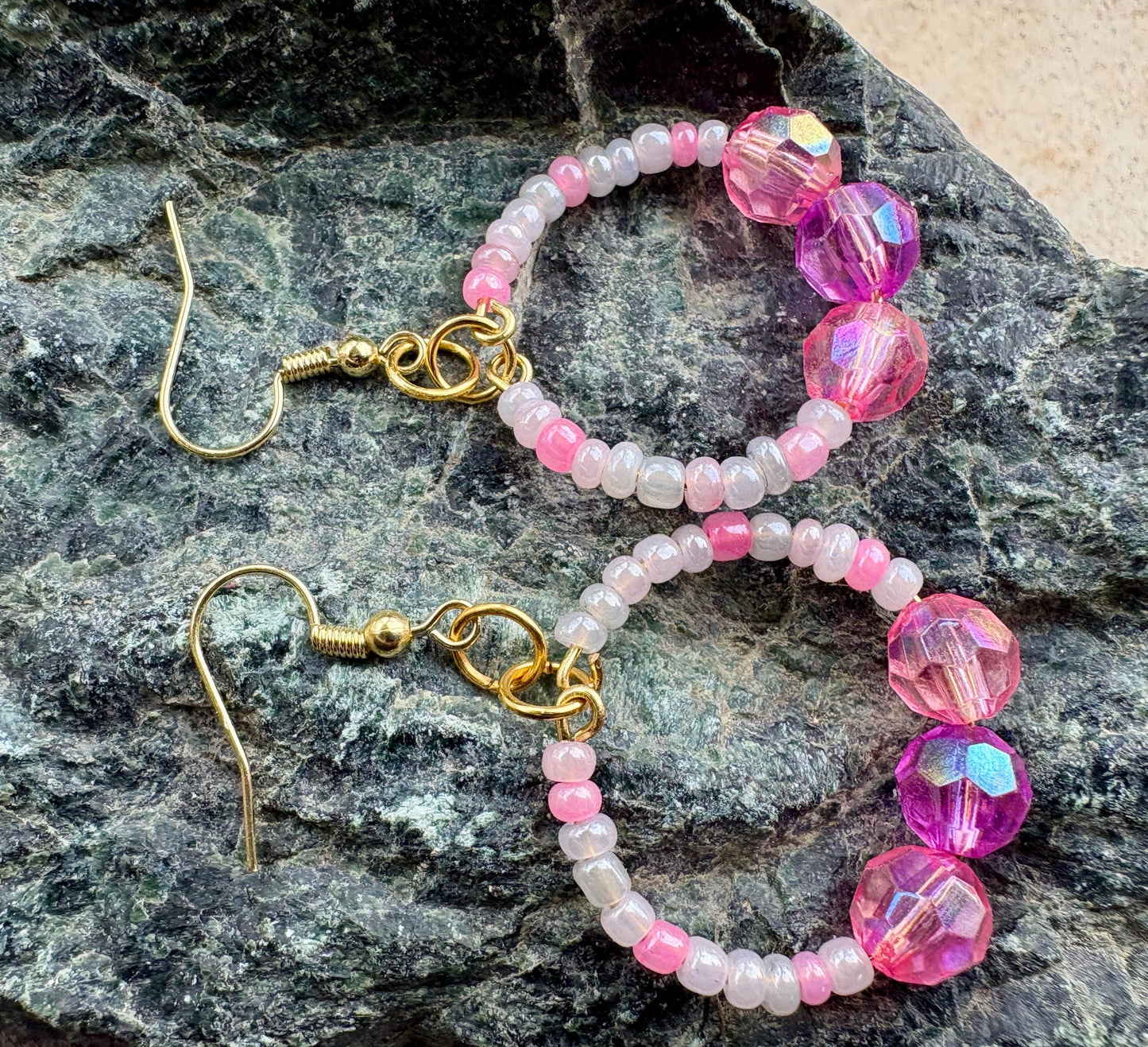 Pink & Purple Hoop Earrings | Beaded Crystal Dangles Earrings Consecrated Jewelry Co.