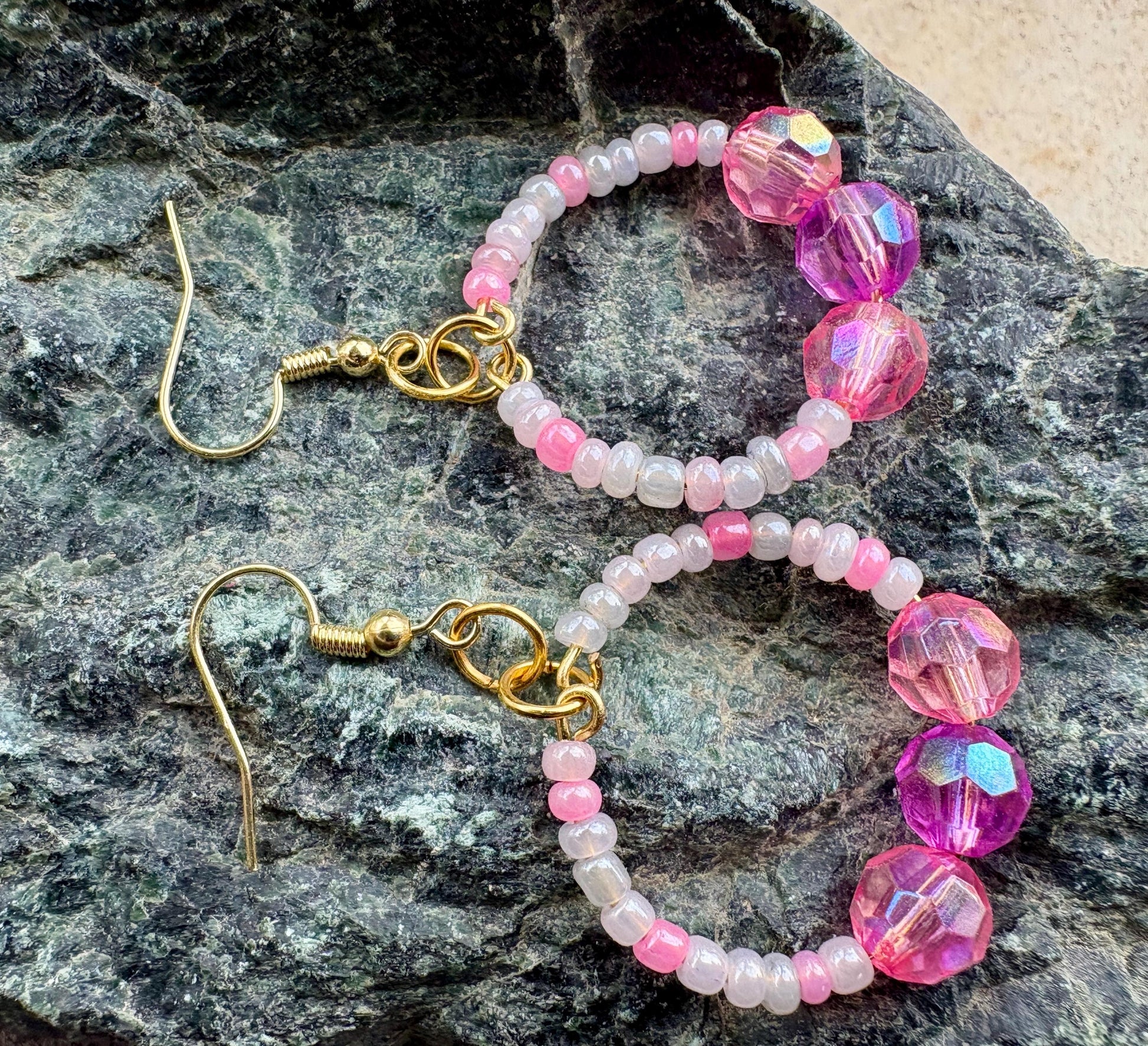 Pink & Purple Hoop Earrings | Beaded Crystal Dangles Earrings Consecrated Jewelry Co.