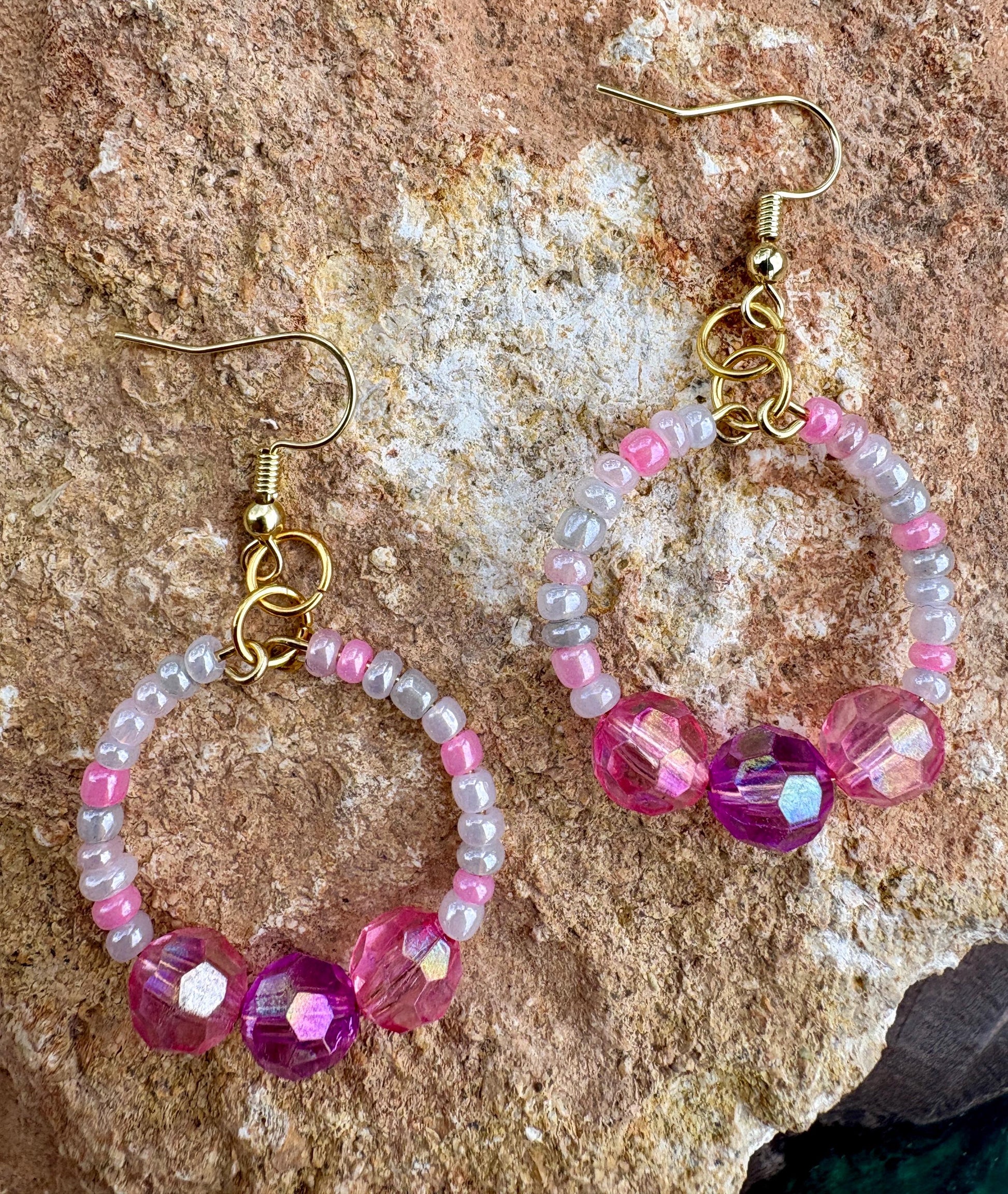 Pink & Purple Hoop Earrings | Beaded Crystal Dangles Earrings Consecrated Jewelry Co.