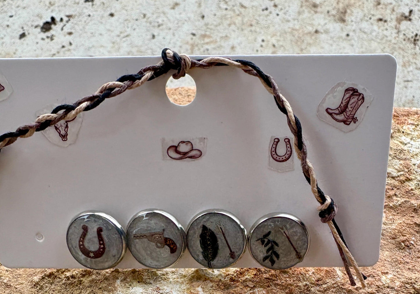 Country Western Stud Earrings | White Green Brown Horseshoe Gun Cowgirl Consecrated Jewelry Co.