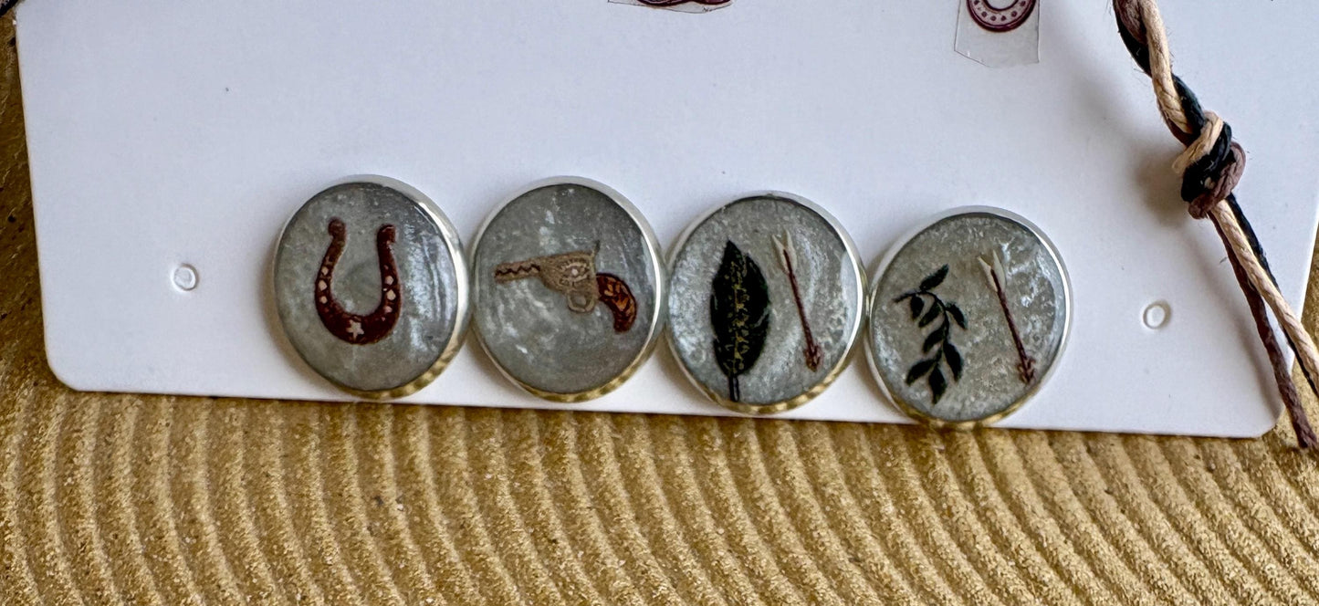 Country Western Stud Earrings | White Green Brown Horseshoe Gun Cowgirl Consecrated Jewelry Co.