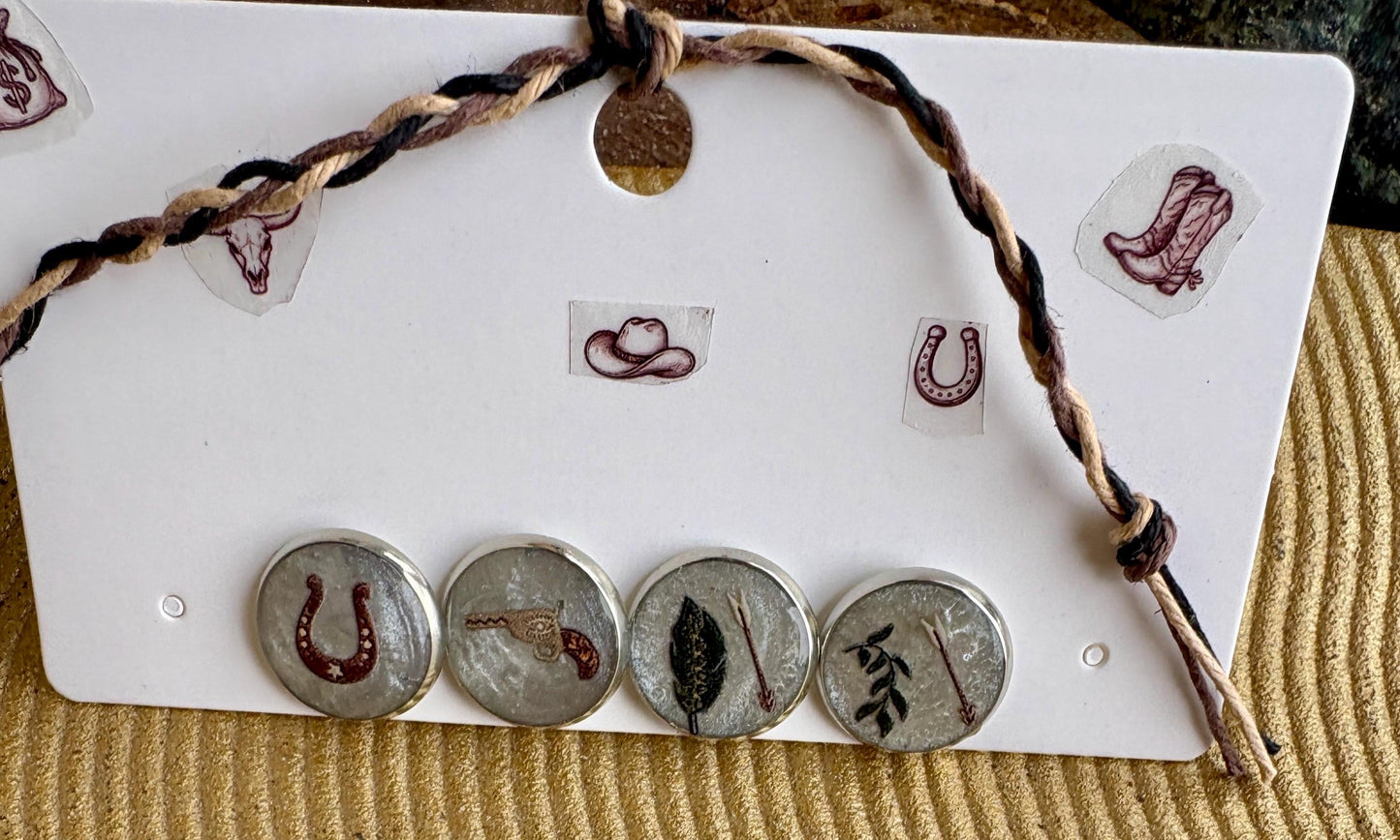 Country Western Stud Earrings | White Green Brown Horseshoe Gun Cowgirl Consecrated Jewelry Co.