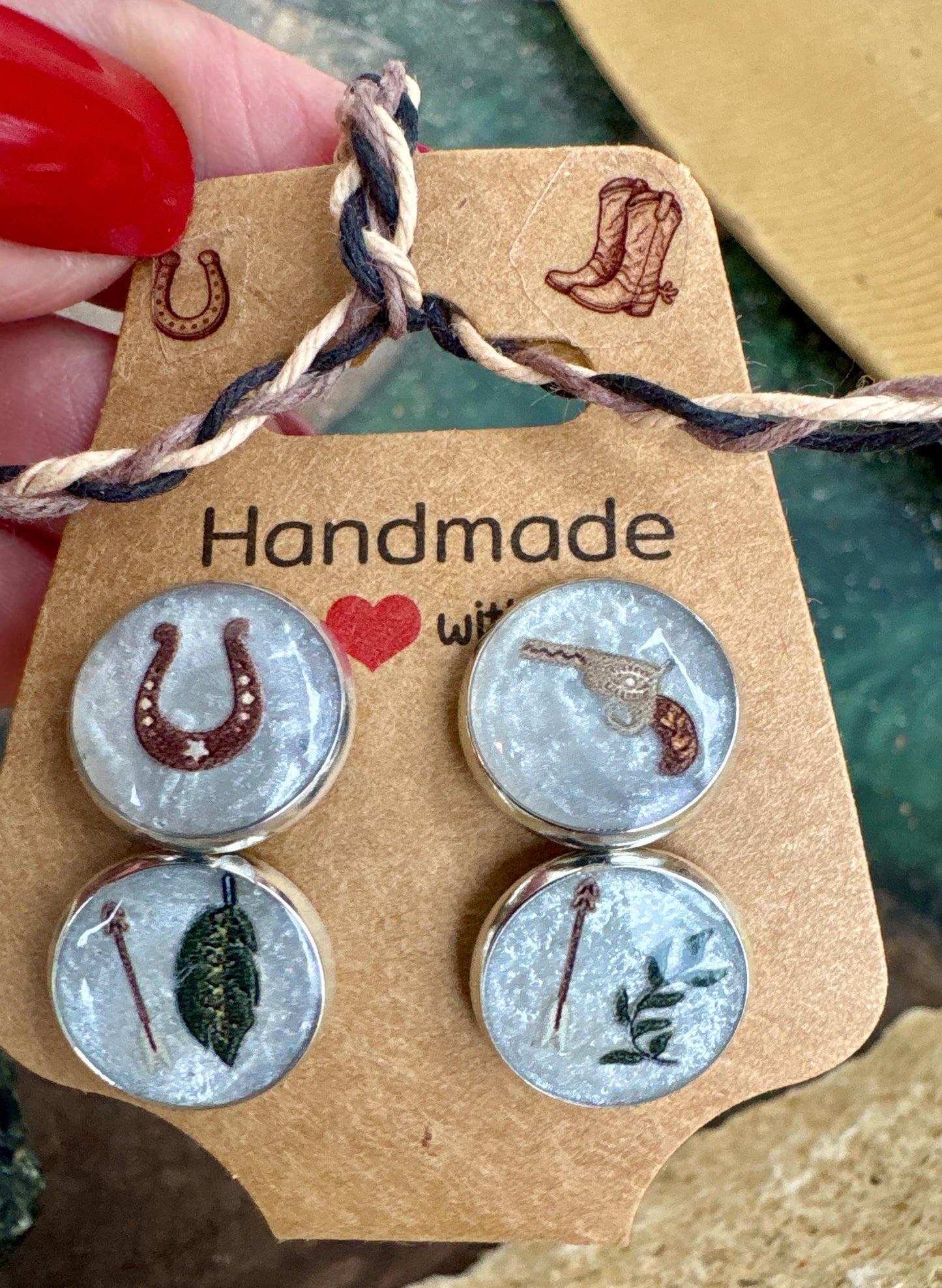Country Western Stud Earrings | White Green Brown Horseshoe Gun Cowgirl Consecrated Jewelry Co.