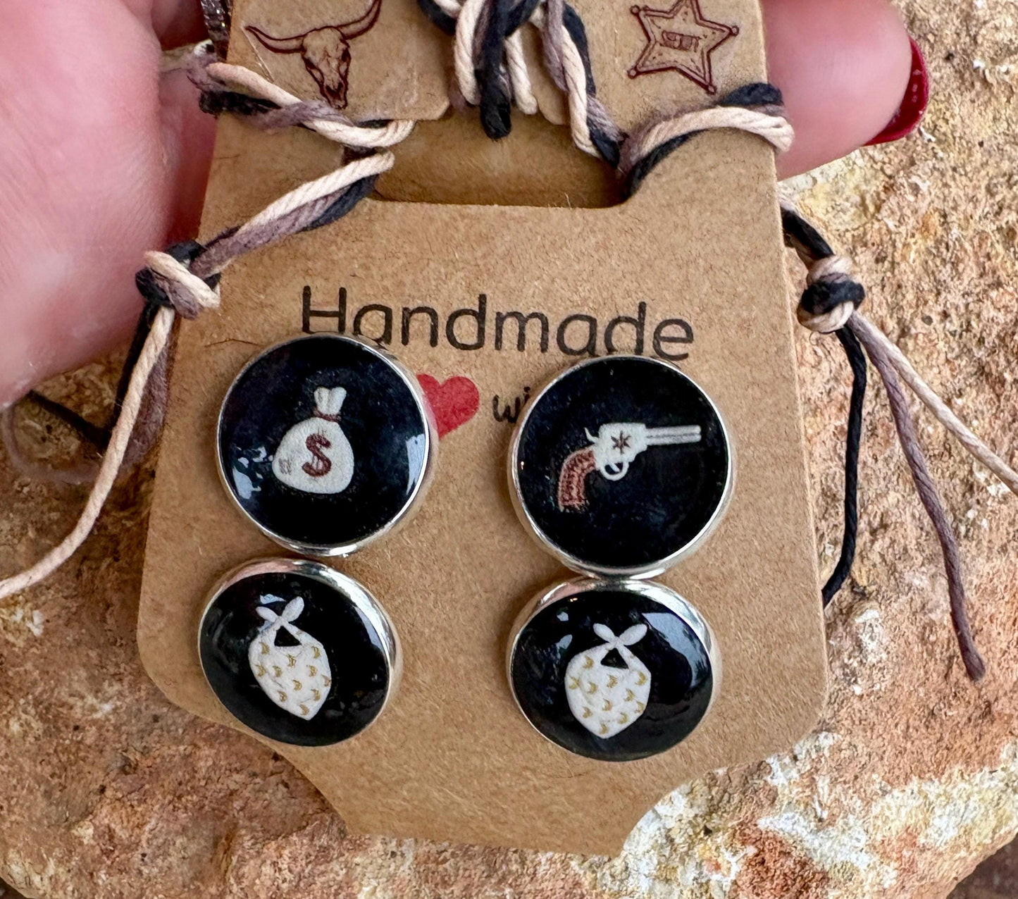 Country Western Stud Earrings | Black White Brown Resin Cowgirl Set Earrings Consecrated Jewelry Co.
