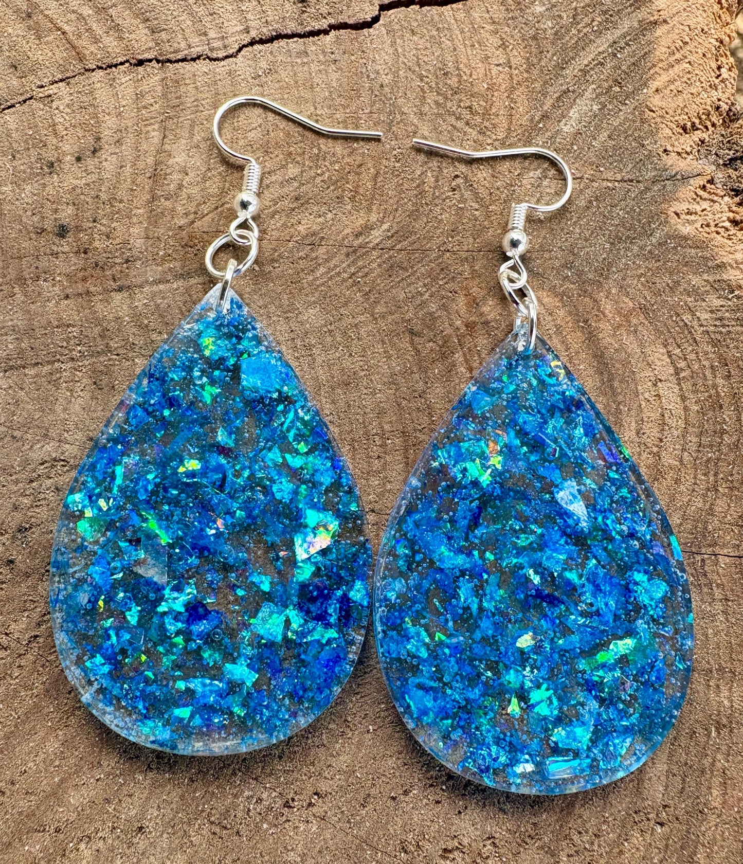 Blue Glitter Resin Teardrop Dangle Earrings | Consecrated Jewelry Co. Earrings Consecrated Jewelry Co.
