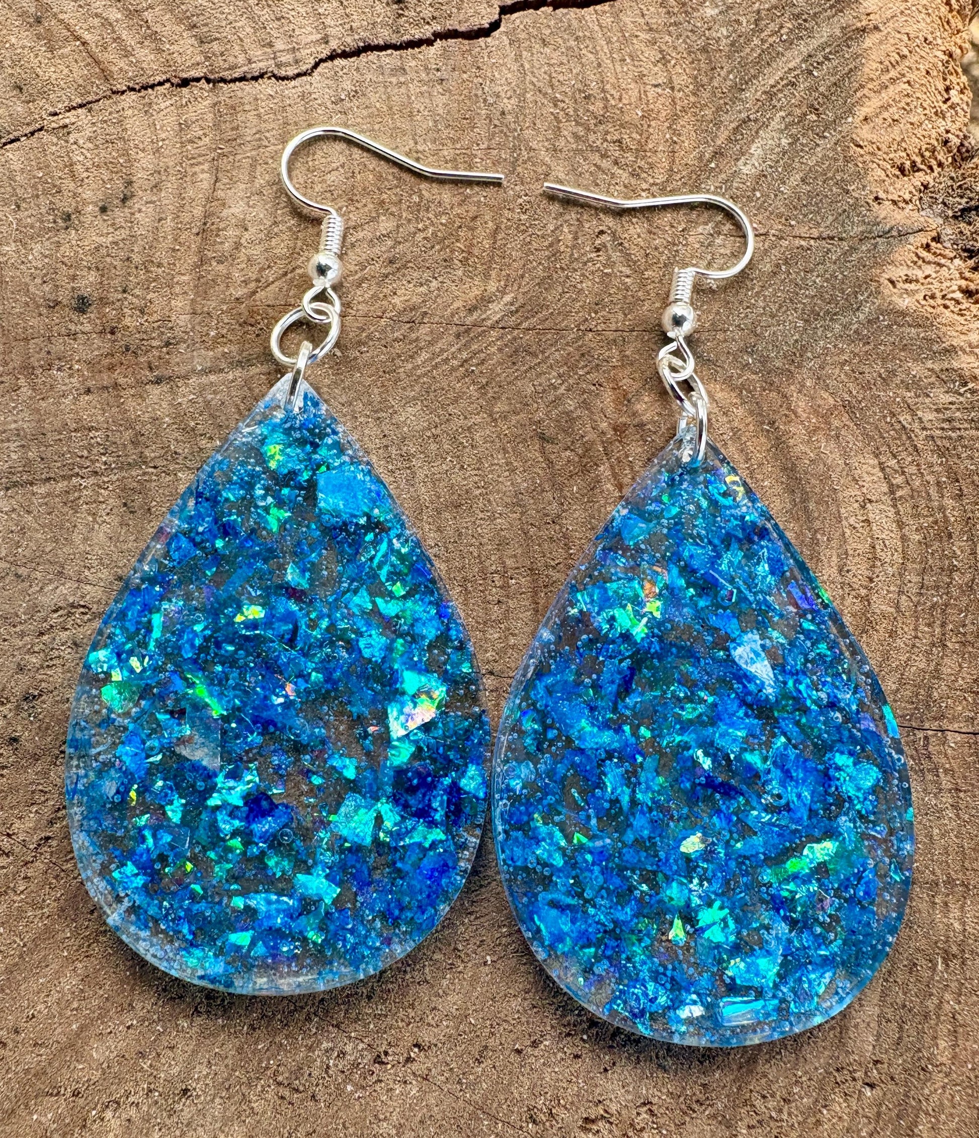 Blue Glitter Resin Teardrop Dangle Earrings | Consecrated Jewelry Co. Earrings Consecrated Jewelry Co.