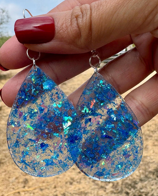 Blue Glitter Resin Teardrop Dangle Earrings | Consecrated Jewelry Co. Earrings Consecrated Jewelry Co.