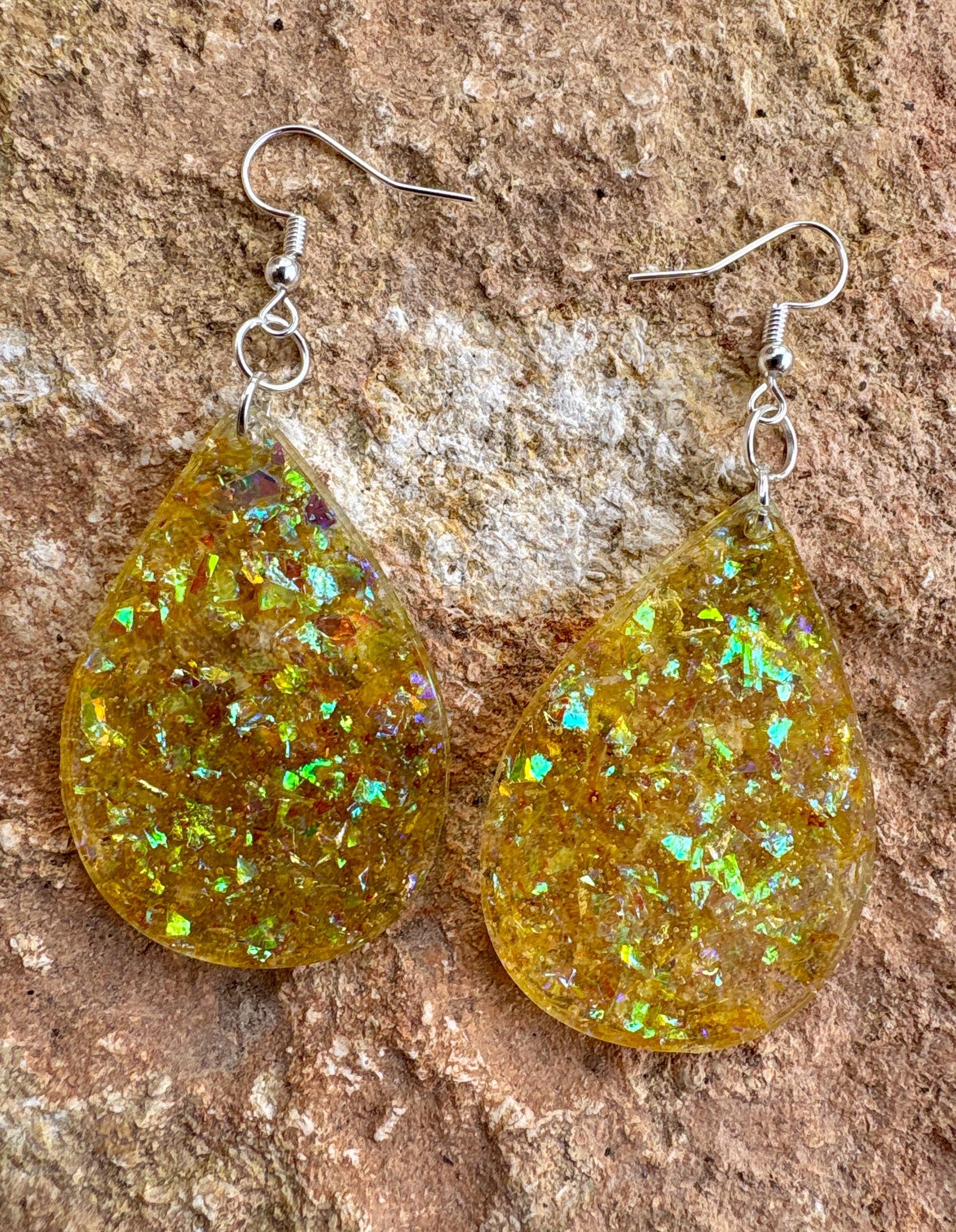 Handmade Yellow Glitter Resin Teardrop Dangle Earrings | Shimmer Earrings Consecrated Jewelry Co.