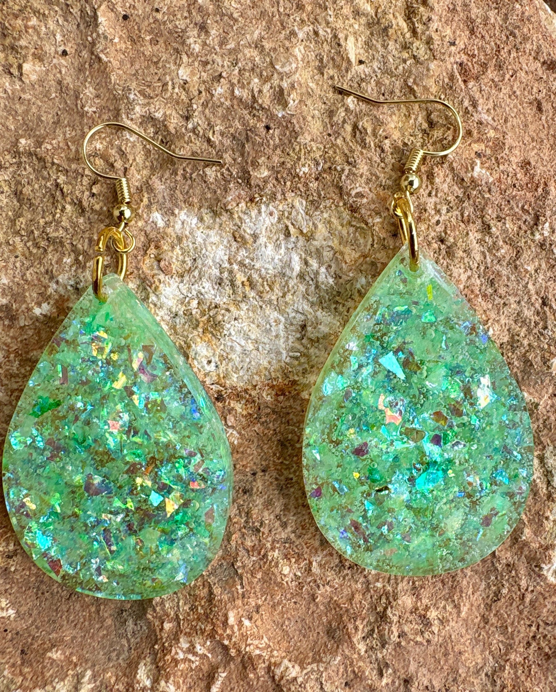 Handmade Green Glitter Resin Teardrop Dangle Earrings | Shimmer Earrings Consecrated Jewelry Co.