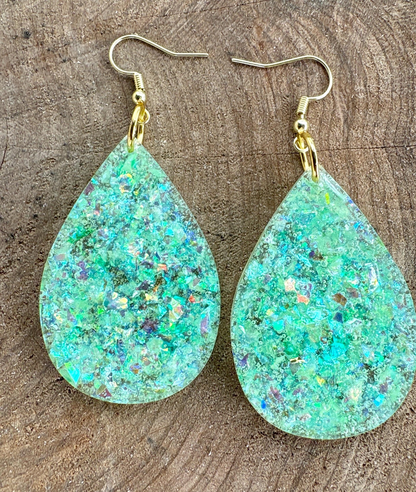 Handmade Green Glitter Resin Teardrop Dangle Earrings | Shimmer Earrings Consecrated Jewelry Co.