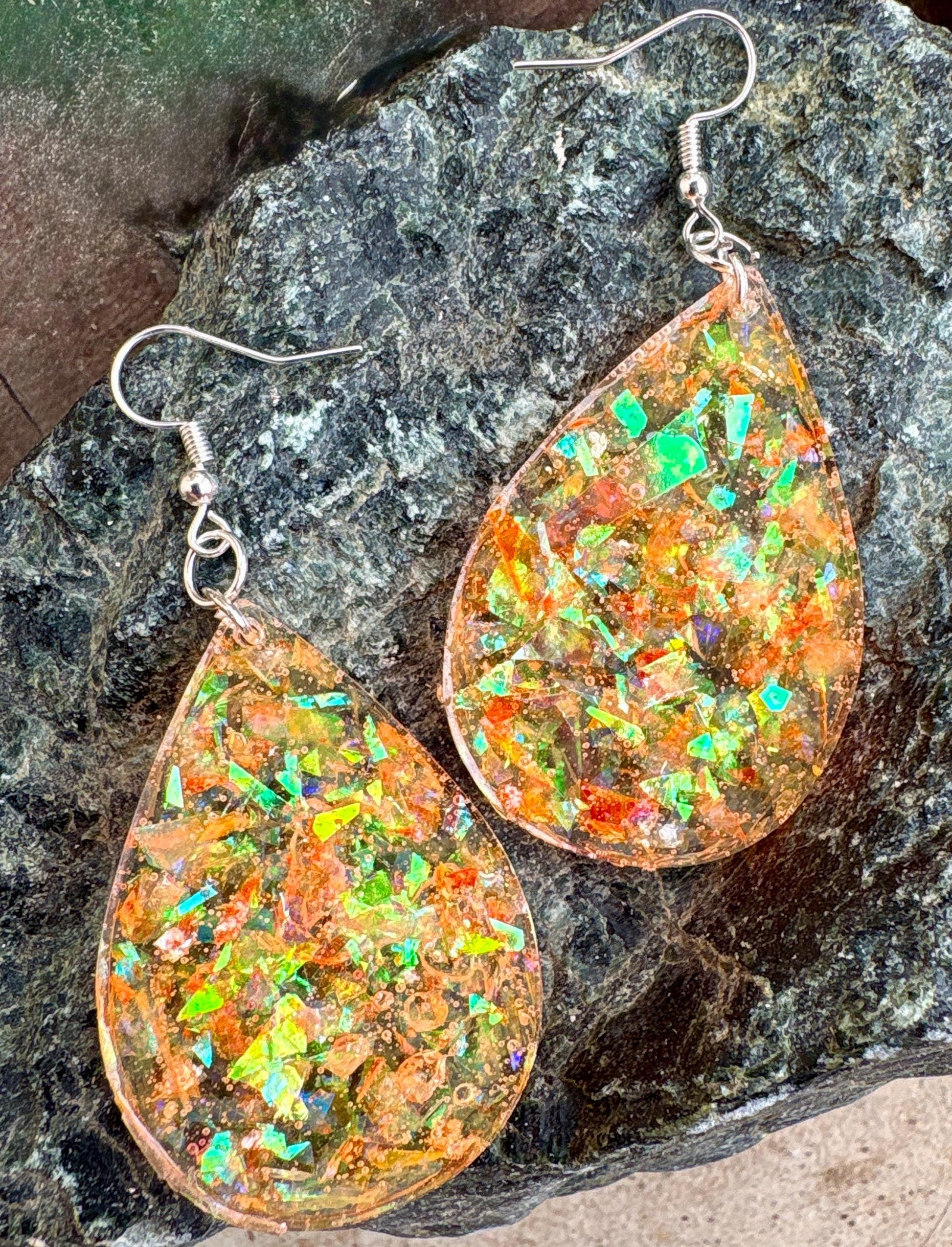 Handmade Orange Glitter Resin Teardrop Dangle Earrings | Shimmer Earrings Consecrated Jewelry Co.