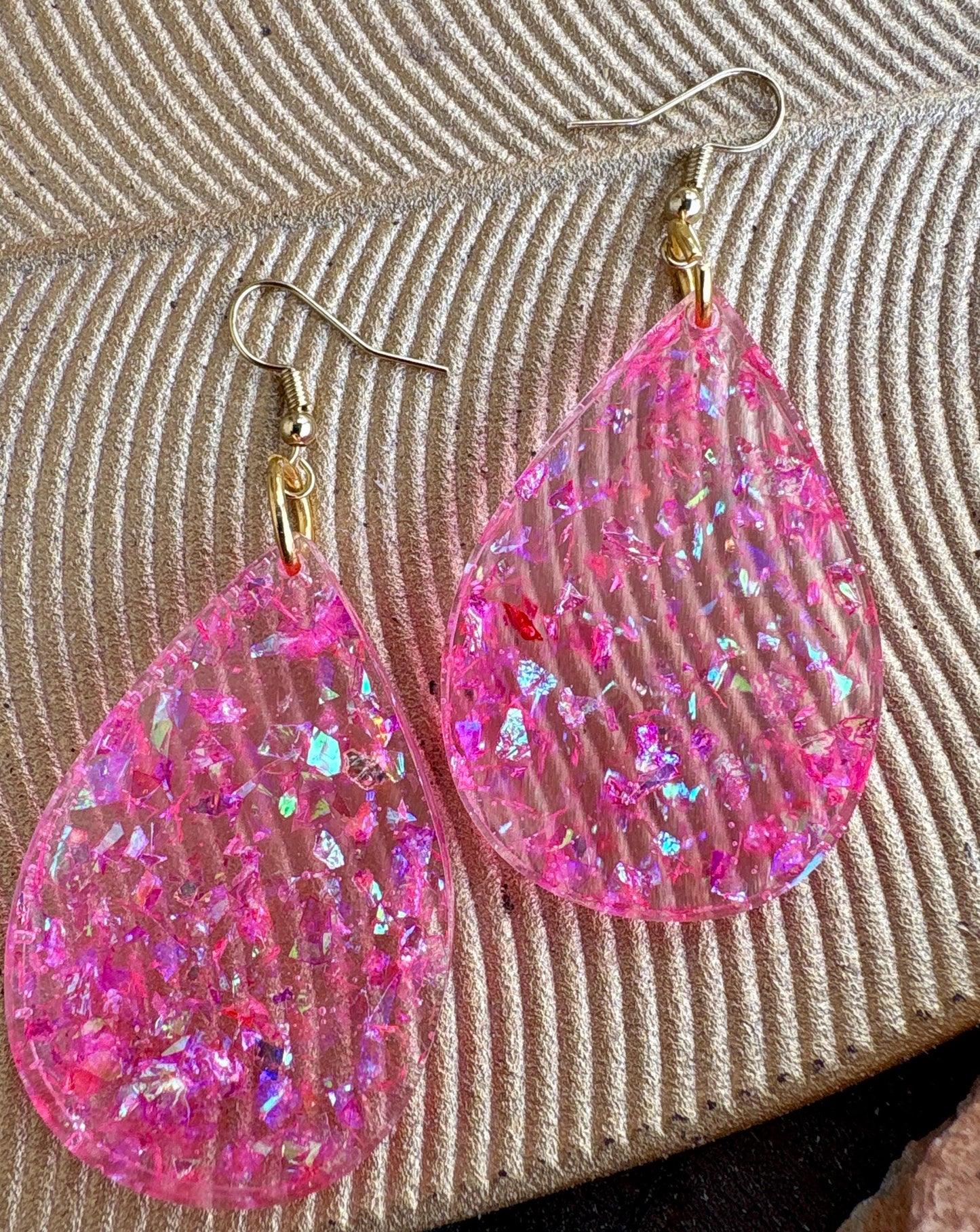 Handmade Pink Glitter Resin Teardrop Dangle Earrings | Shimmer Earrings Consecrated Jewelry Co.