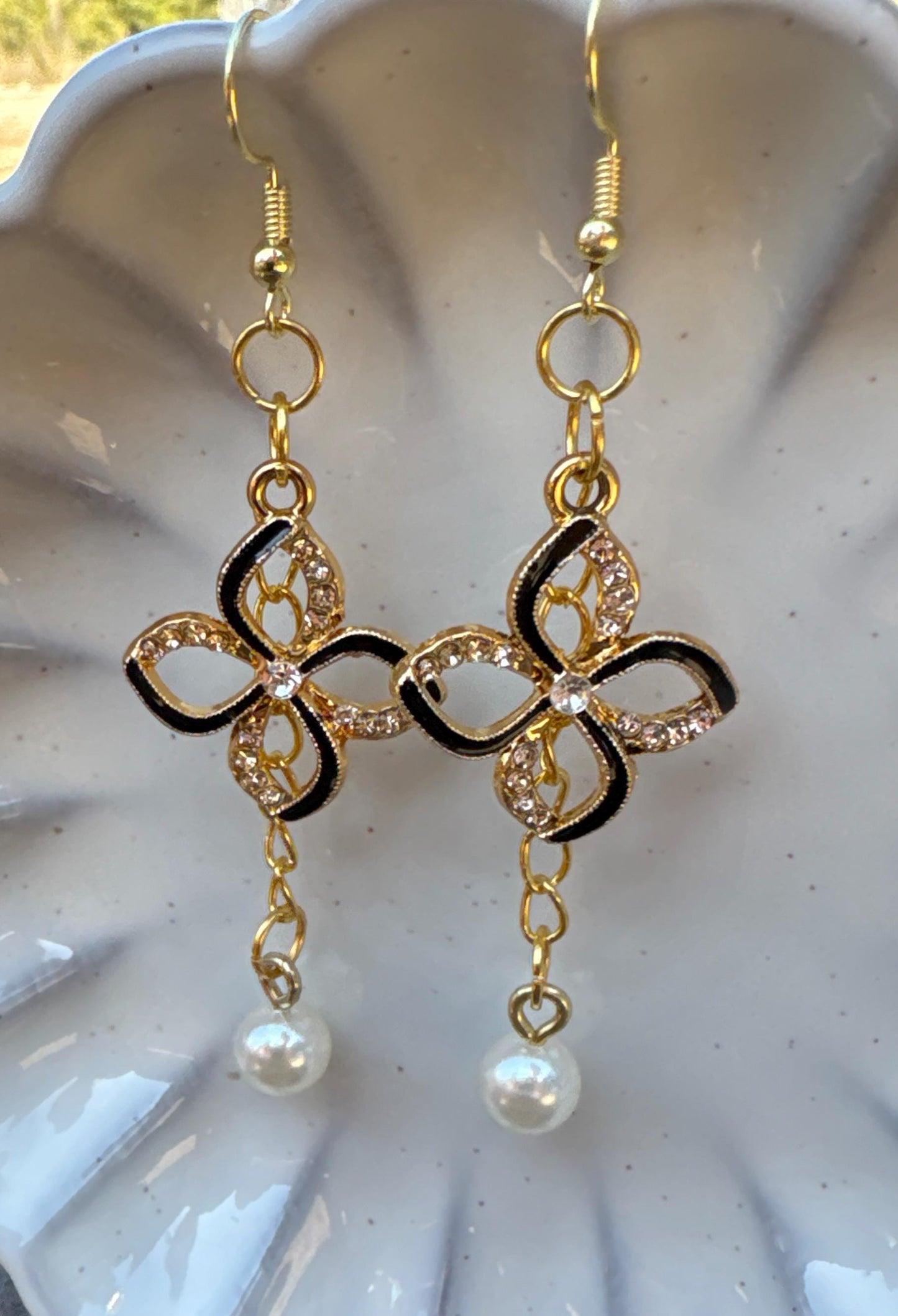 Black & Gold Crystal Flower Pearl Drop Earrings | Rhinestone Floral Earrings Consecrated Jewelry Co.