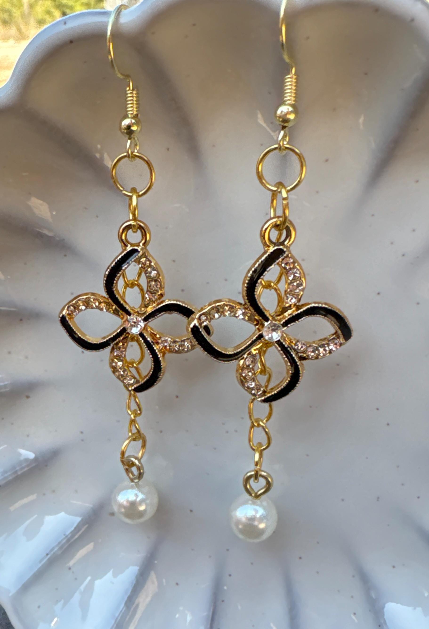 Black & Gold Crystal Flower Pearl Drop Earrings | Rhinestone Floral Earrings Consecrated Jewelry Co.