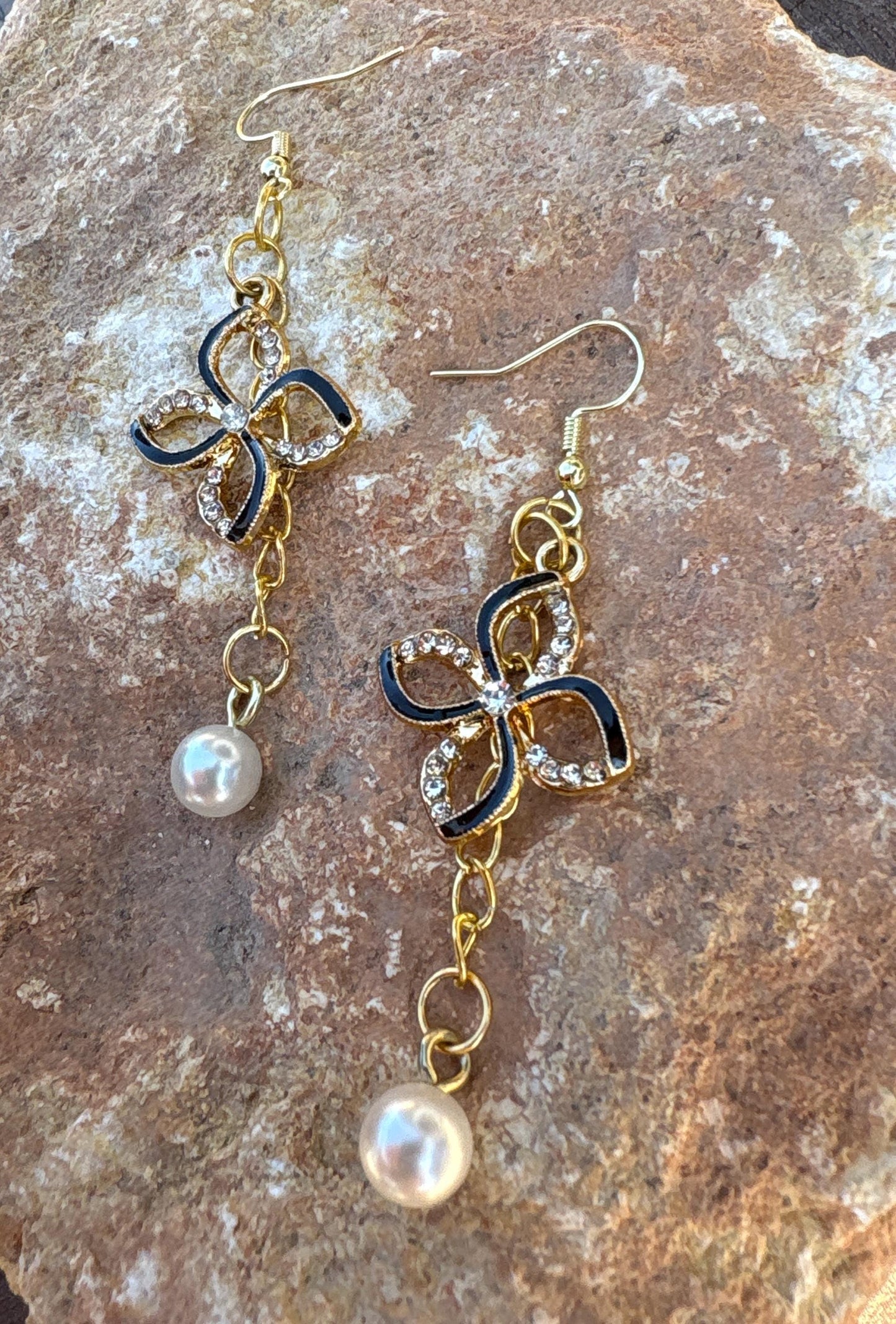 Black & Gold Crystal Flower Pearl Drop Earrings | Rhinestone Floral Earrings Consecrated Jewelry Co.