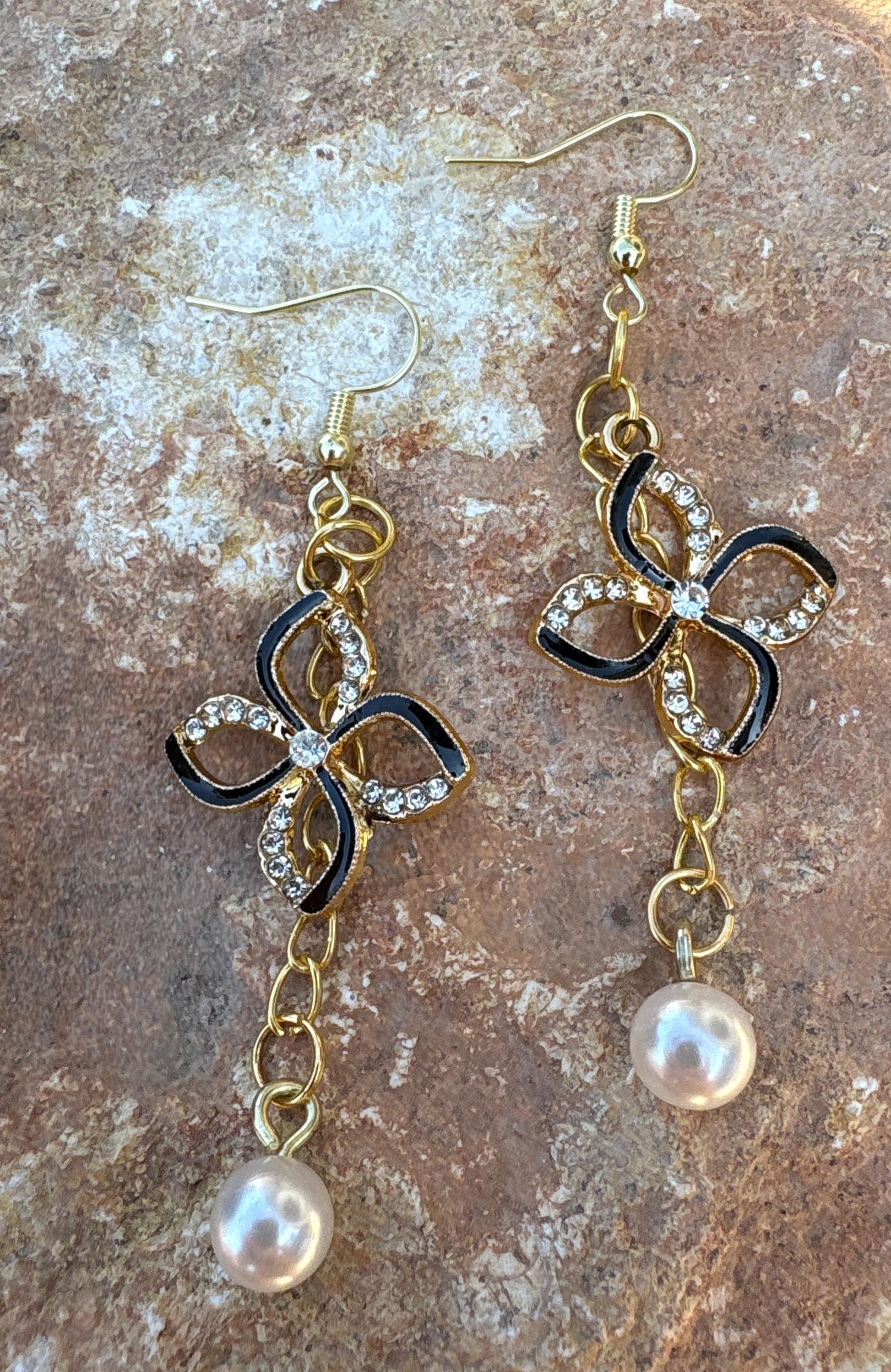 Black & Gold Crystal Flower Pearl Drop Earrings | Rhinestone Floral Earrings Consecrated Jewelry Co.