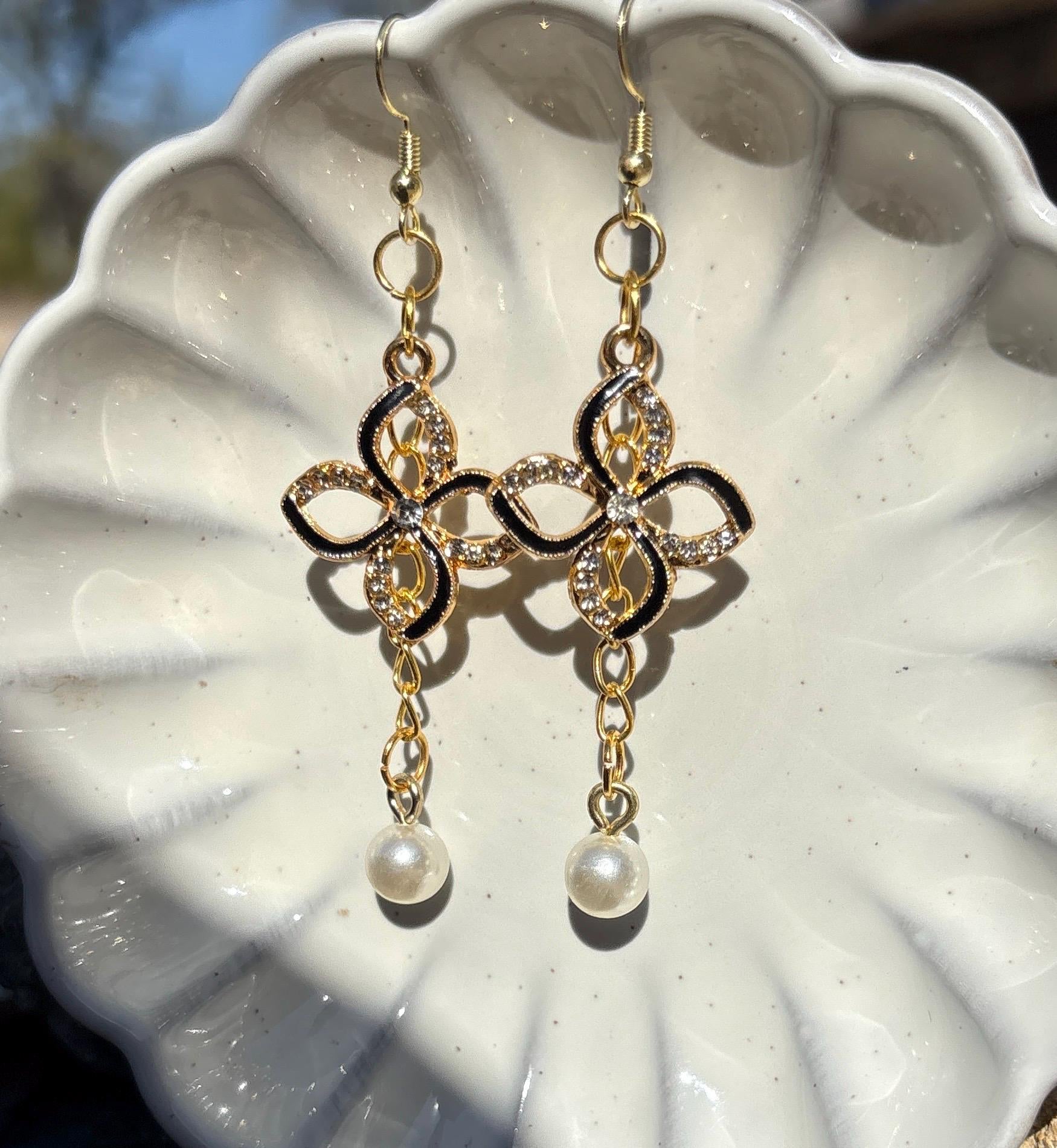 Black & Gold Crystal Flower Pearl Drop Earrings | Rhinestone Floral Earrings Consecrated Jewelry Co.