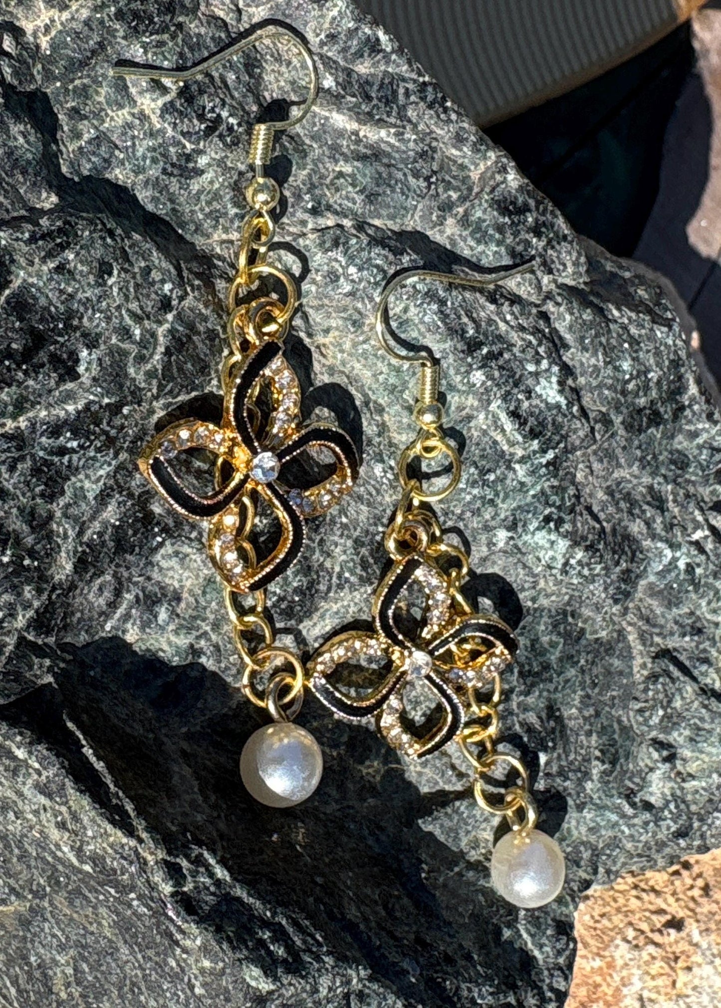 Black & Gold Crystal Flower Pearl Drop Earrings | Rhinestone Floral Earrings Consecrated Jewelry Co.