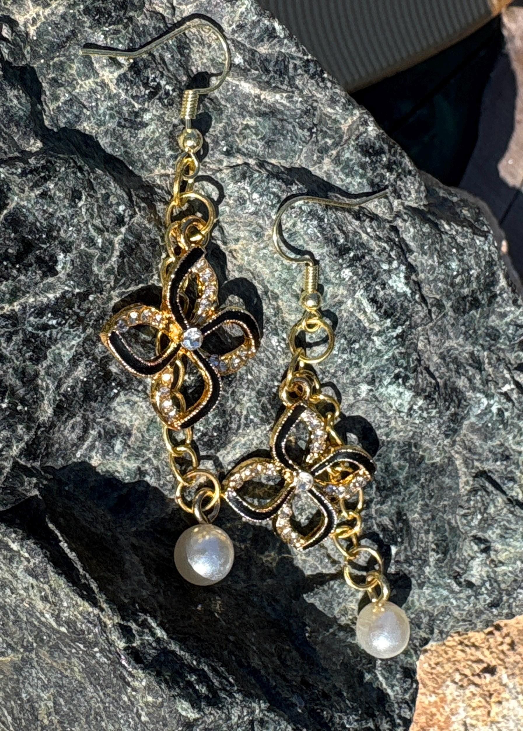 Black & Gold Crystal Flower Pearl Drop Earrings | Rhinestone Floral Earrings Consecrated Jewelry Co.