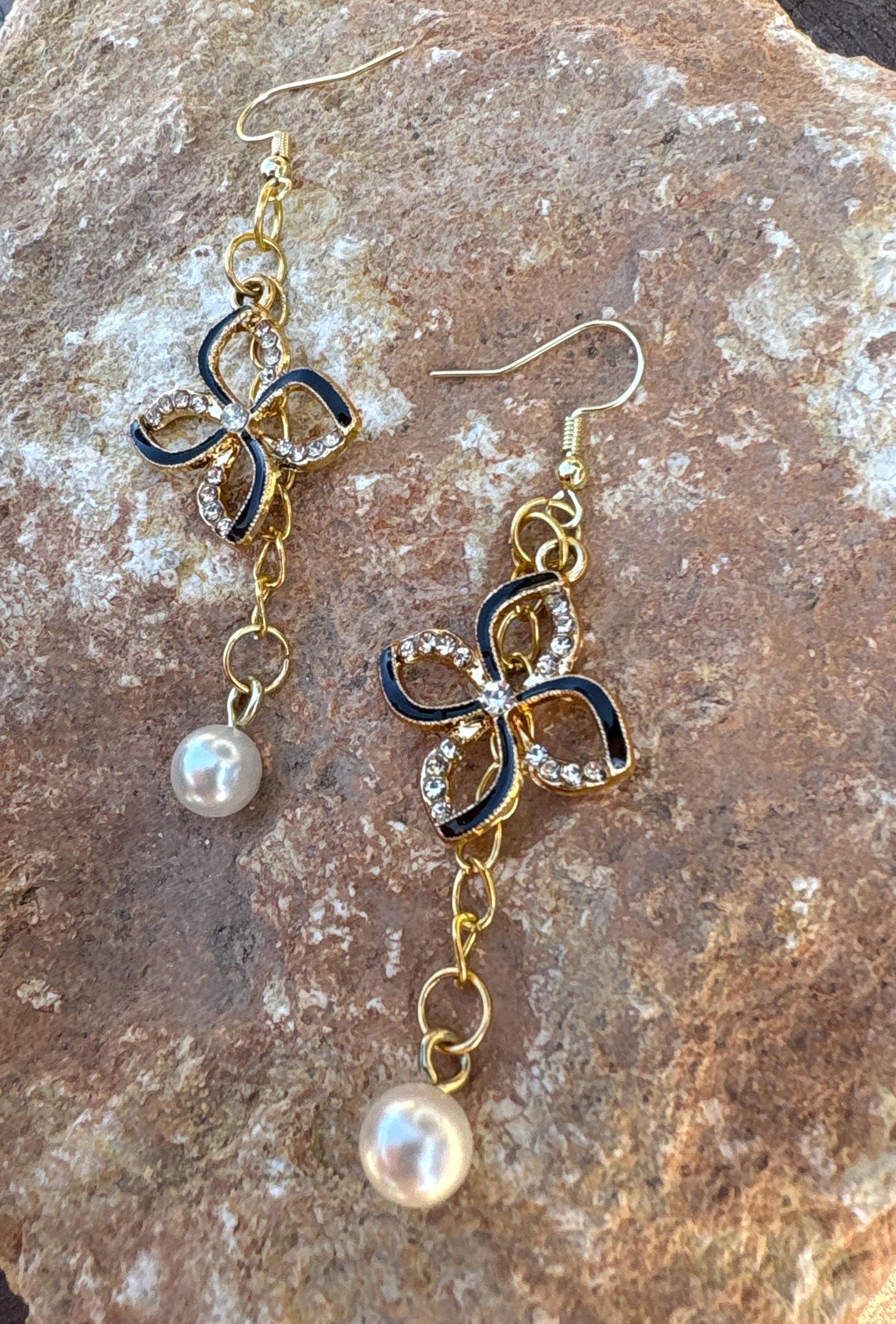 Black & Gold Crystal Flower Pearl Drop Earrings | Rhinestone Floral Earrings Consecrated Jewelry Co.