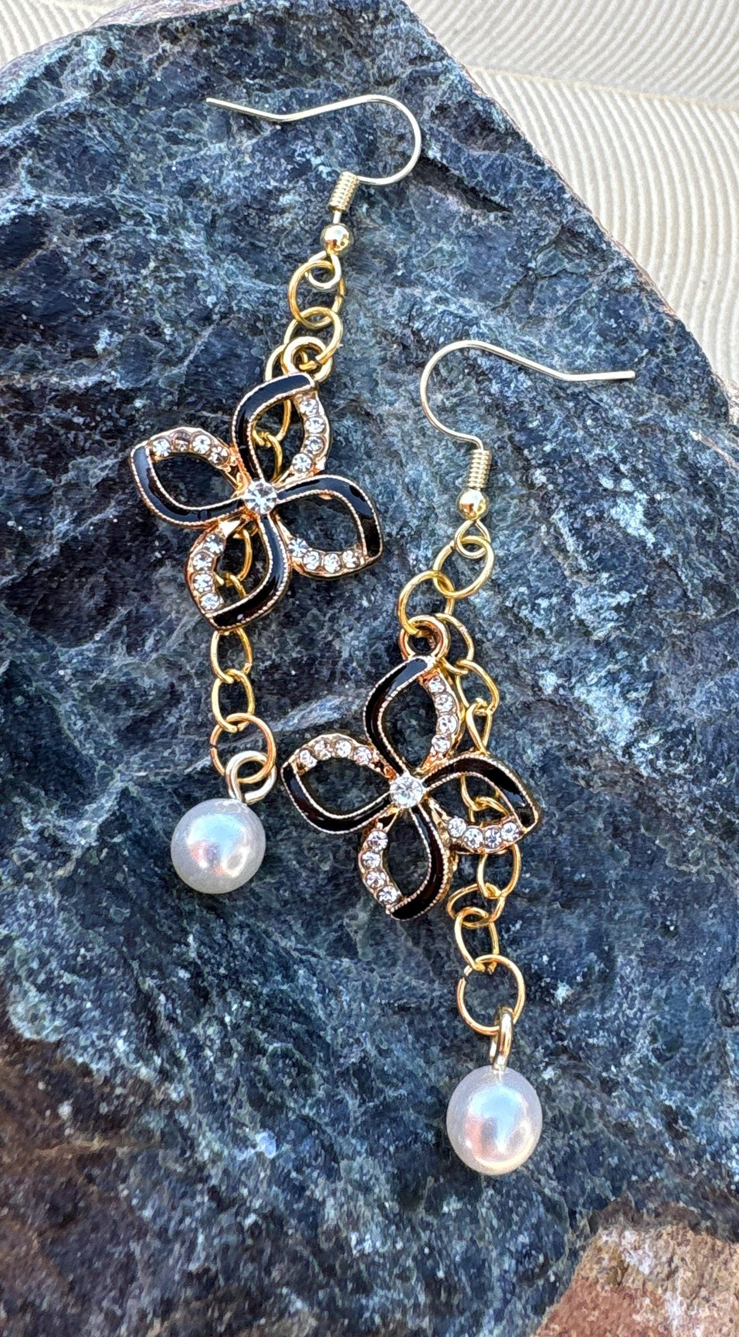 Black & Gold Crystal Flower Pearl Drop Earrings | Rhinestone Floral Earrings Consecrated Jewelry Co.