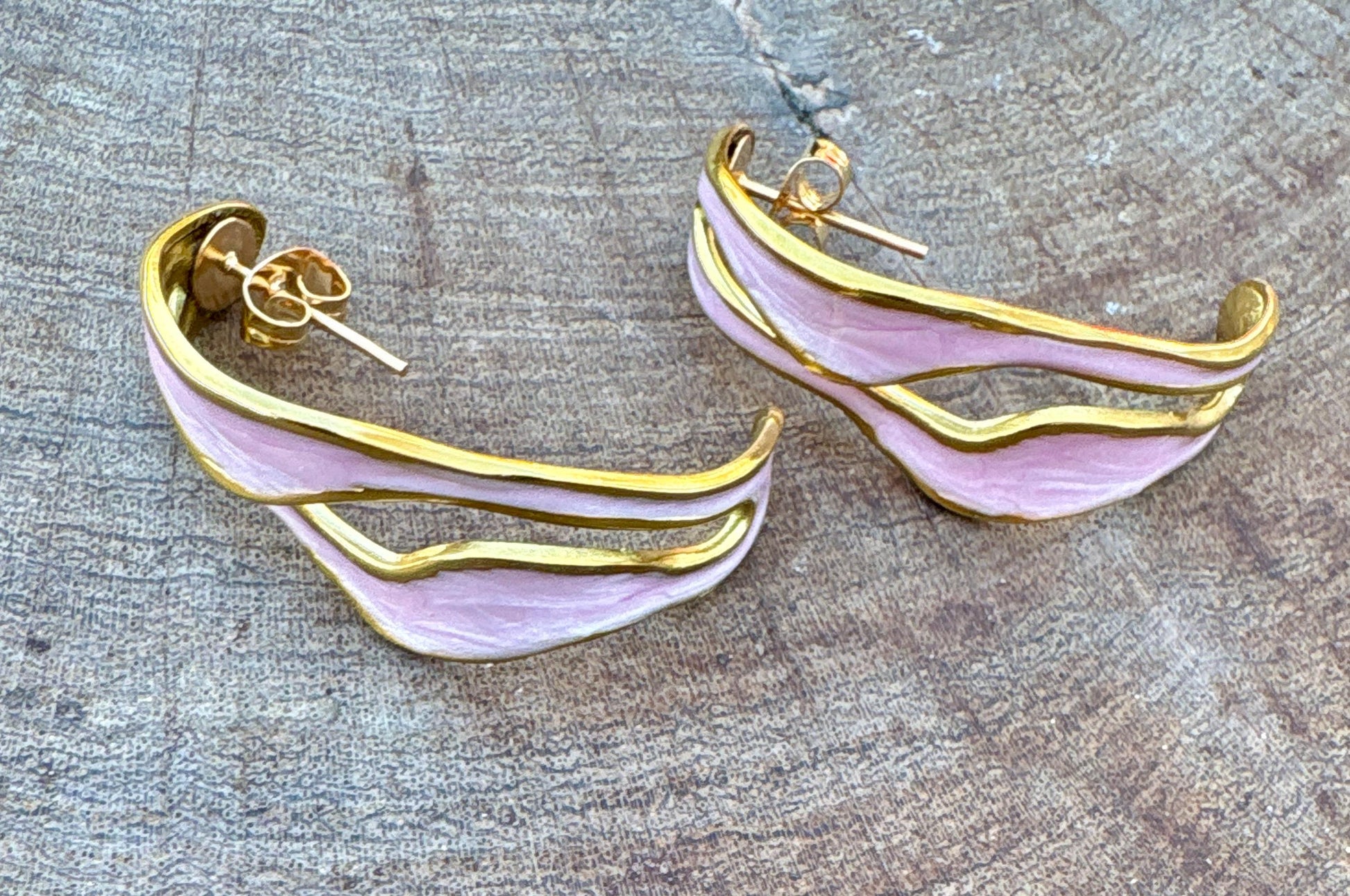Blush Pink Sculptural Enamel Earrings | Gold Wave Statement Hoops Earrings Consecrated Jewelry Co.