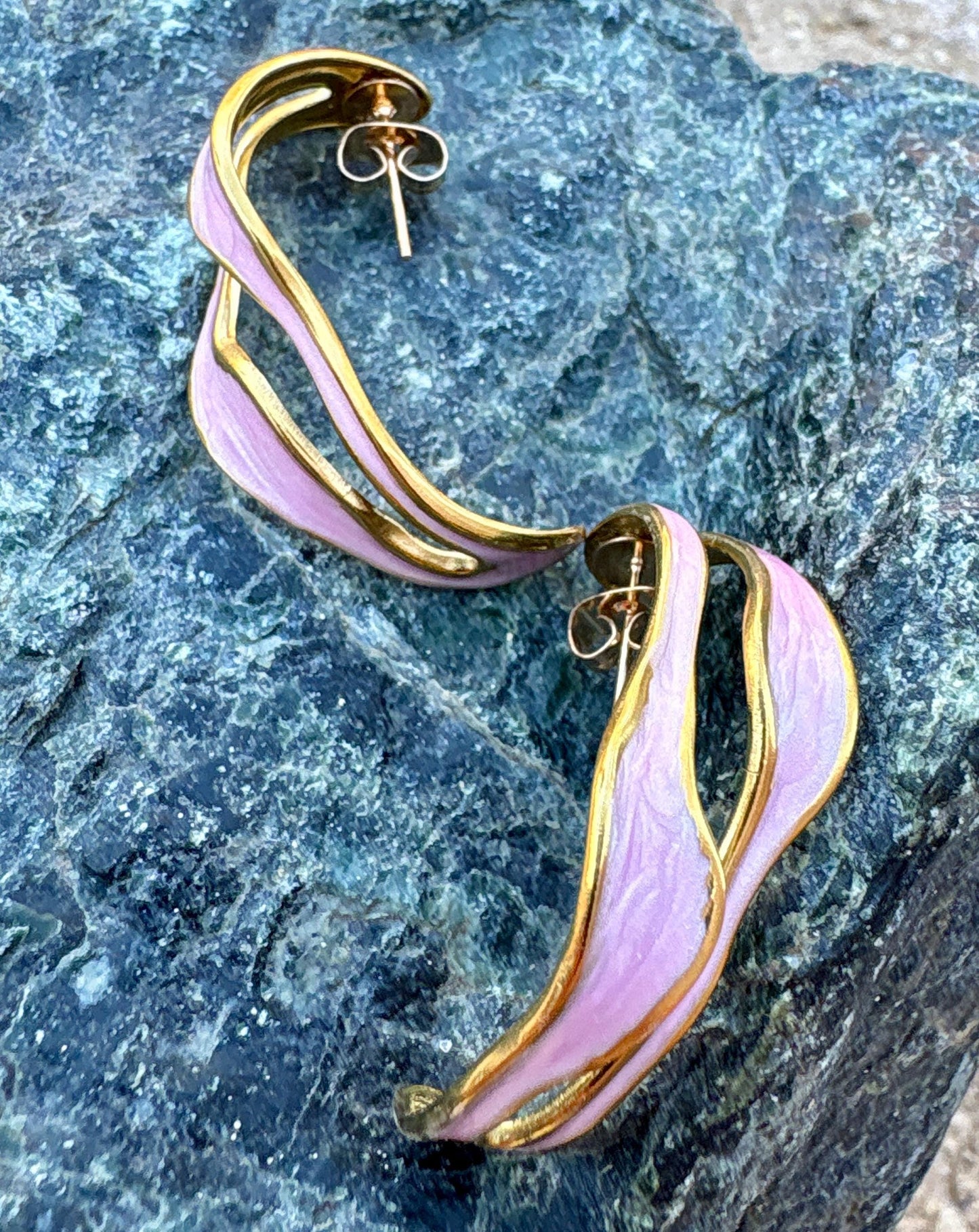 Blush Pink Sculptural Enamel Earrings | Gold Wave Statement Hoops Earrings Consecrated Jewelry Co.