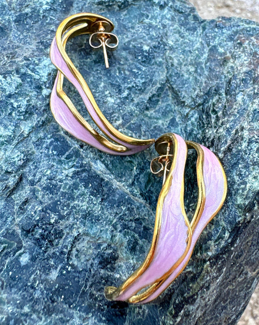 Blush Pink Sculptural Enamel Earrings | Gold Wave Statement Hoops Earrings Consecrated Jewelry Co.