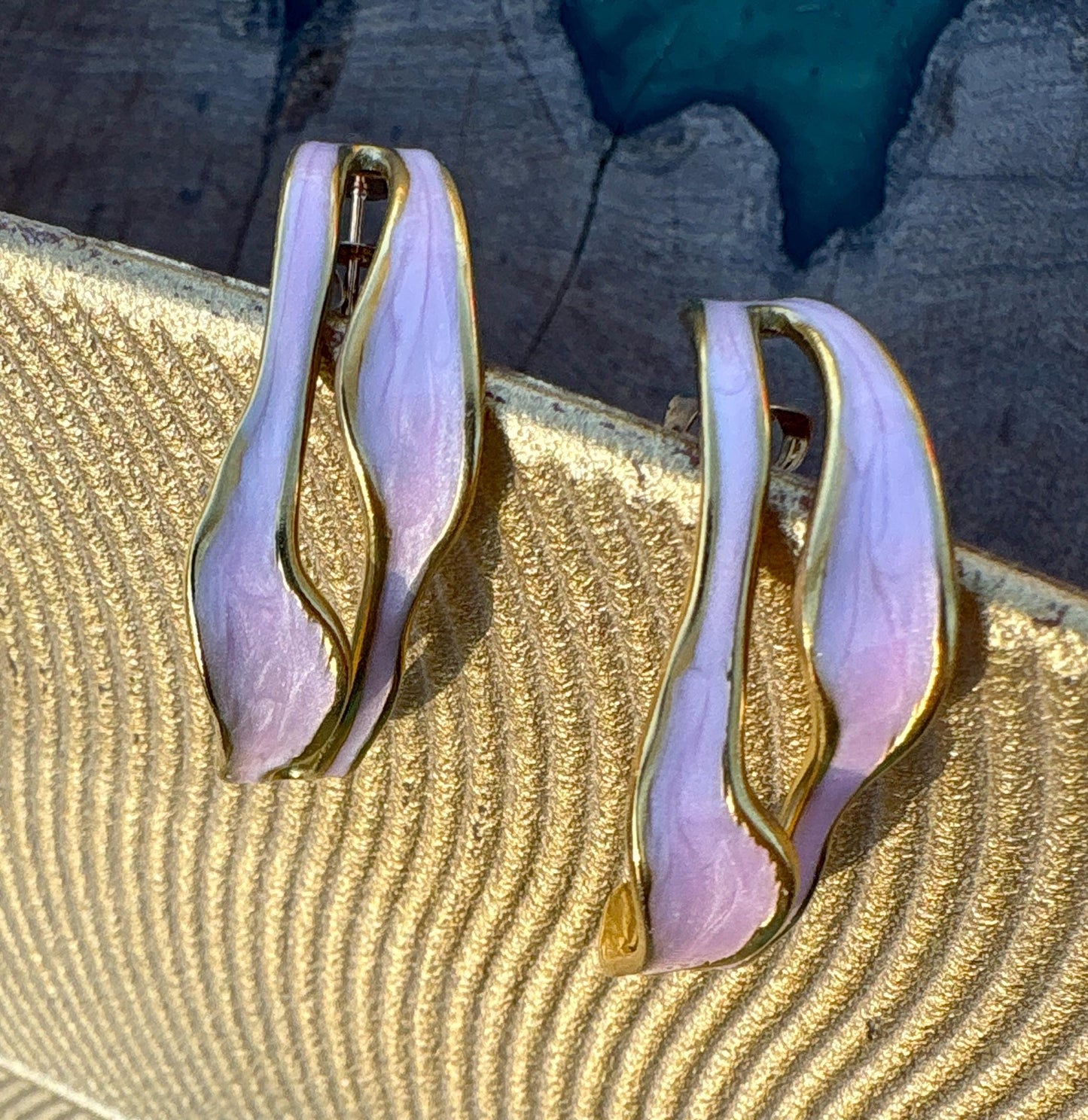 Blush Pink Sculptural Enamel Earrings | Gold Wave Statement Hoops Earrings Consecrated Jewelry Co.