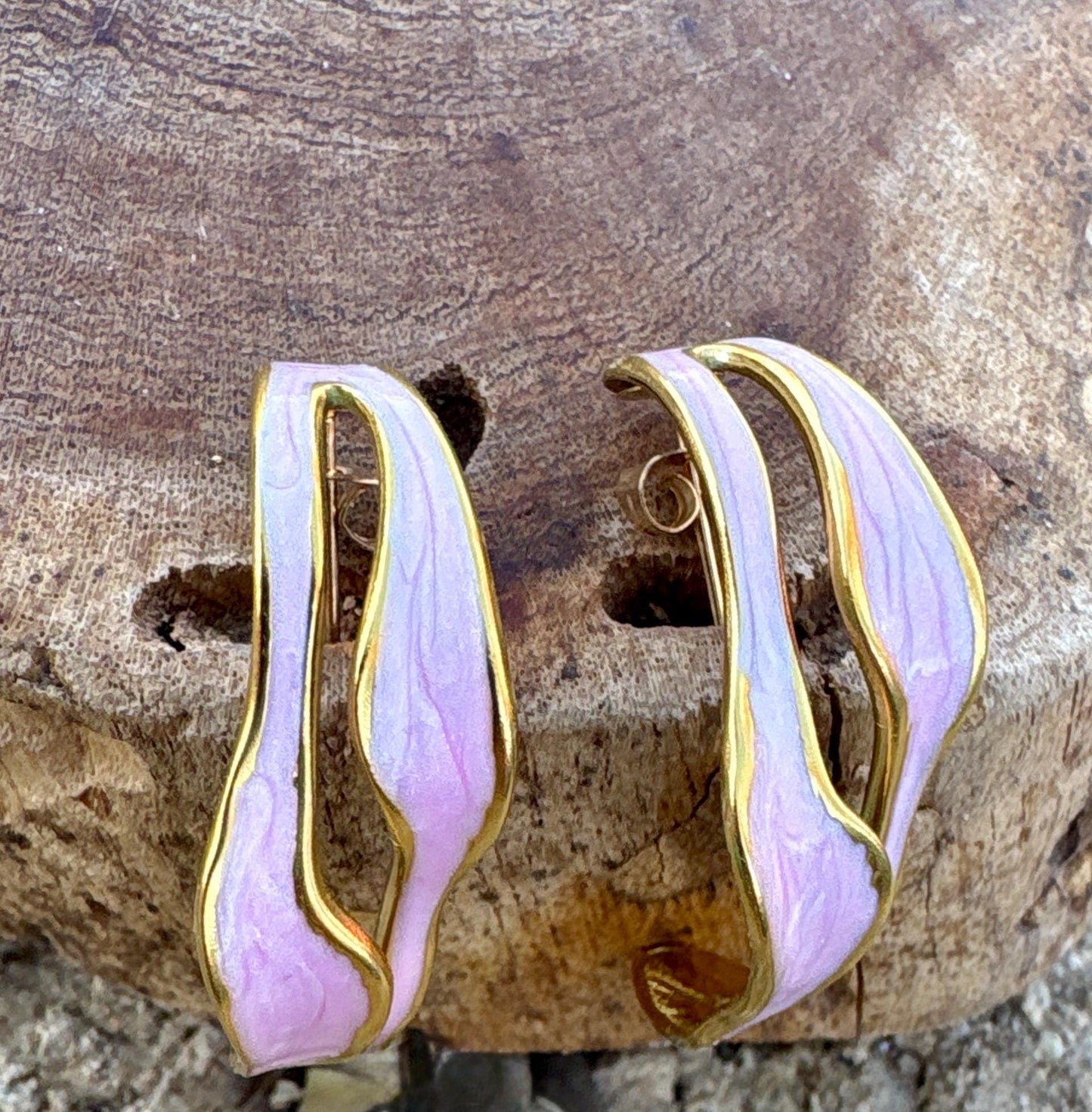 Blush Pink Sculptural Enamel Earrings | Gold Wave Statement Hoops Earrings Consecrated Jewelry Co.