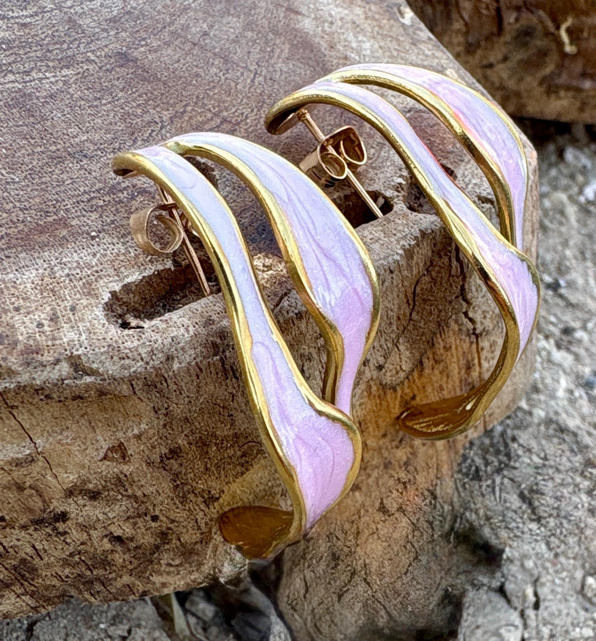 Blush Pink Sculptural Enamel Earrings | Gold Wave Statement Hoops Earrings Consecrated Jewelry Co.