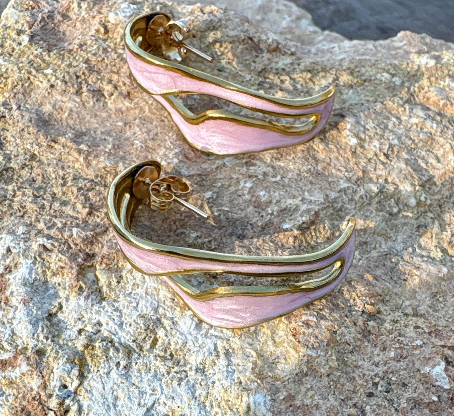Blush Pink Sculptural Enamel Earrings | Gold Wave Statement Hoops Earrings Consecrated Jewelry Co.