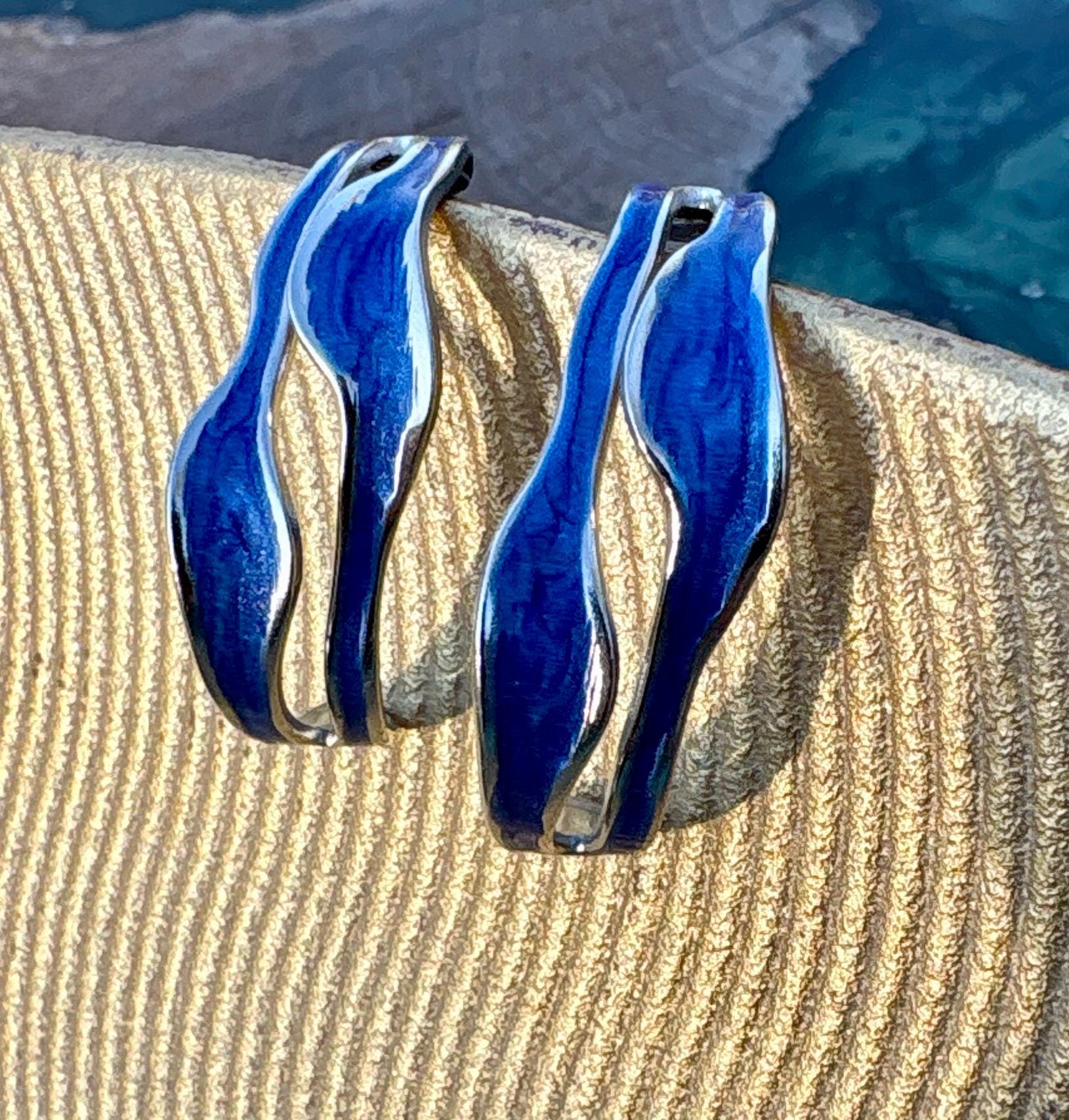 Royal Blue Sculptural Enamel Earrings | Gold Wave Statement Hoops Earrings Consecrated Jewelry Co.