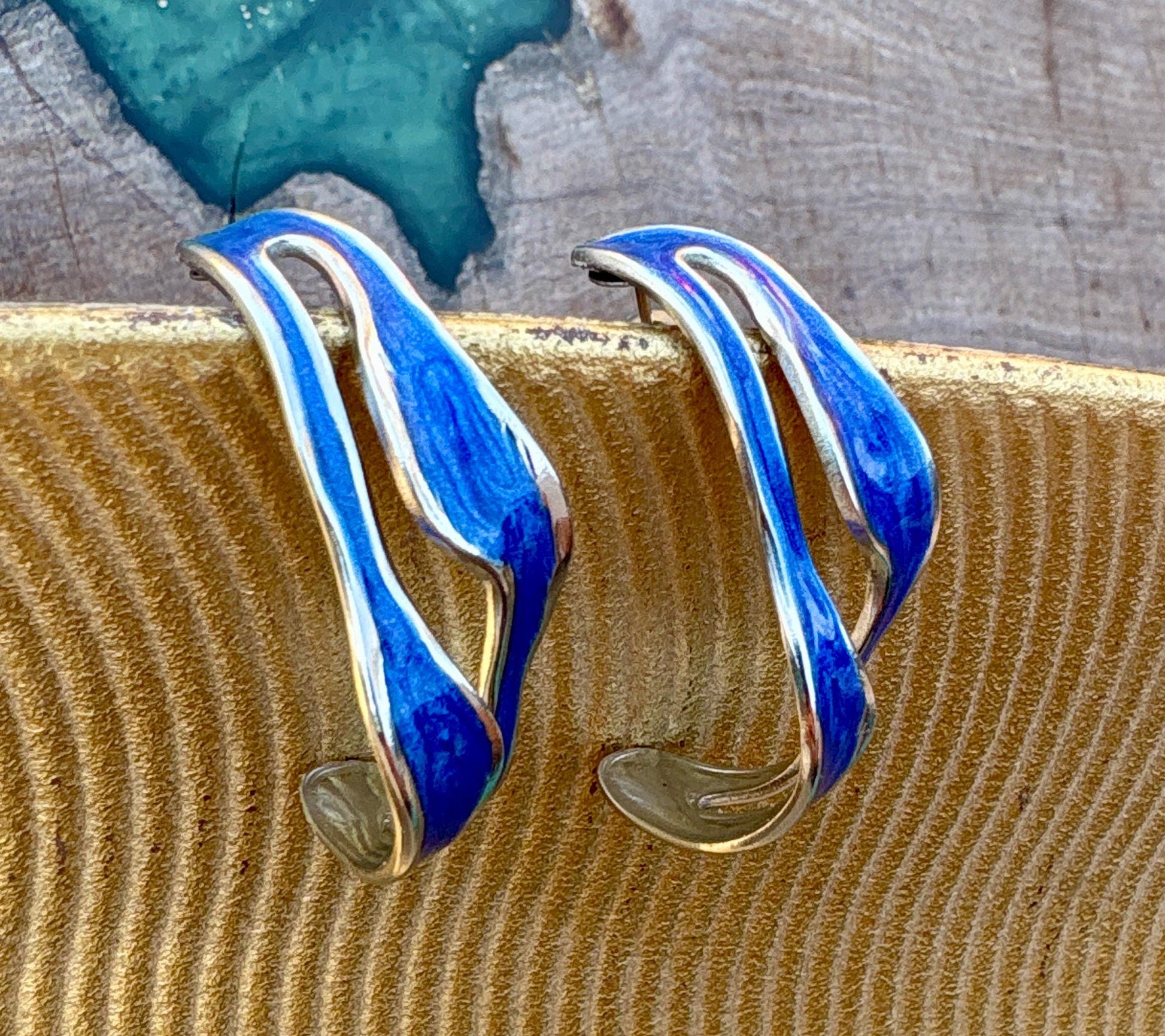 Royal Blue Sculptural Enamel Earrings | Gold Wave Statement Hoops Earrings Consecrated Jewelry Co.