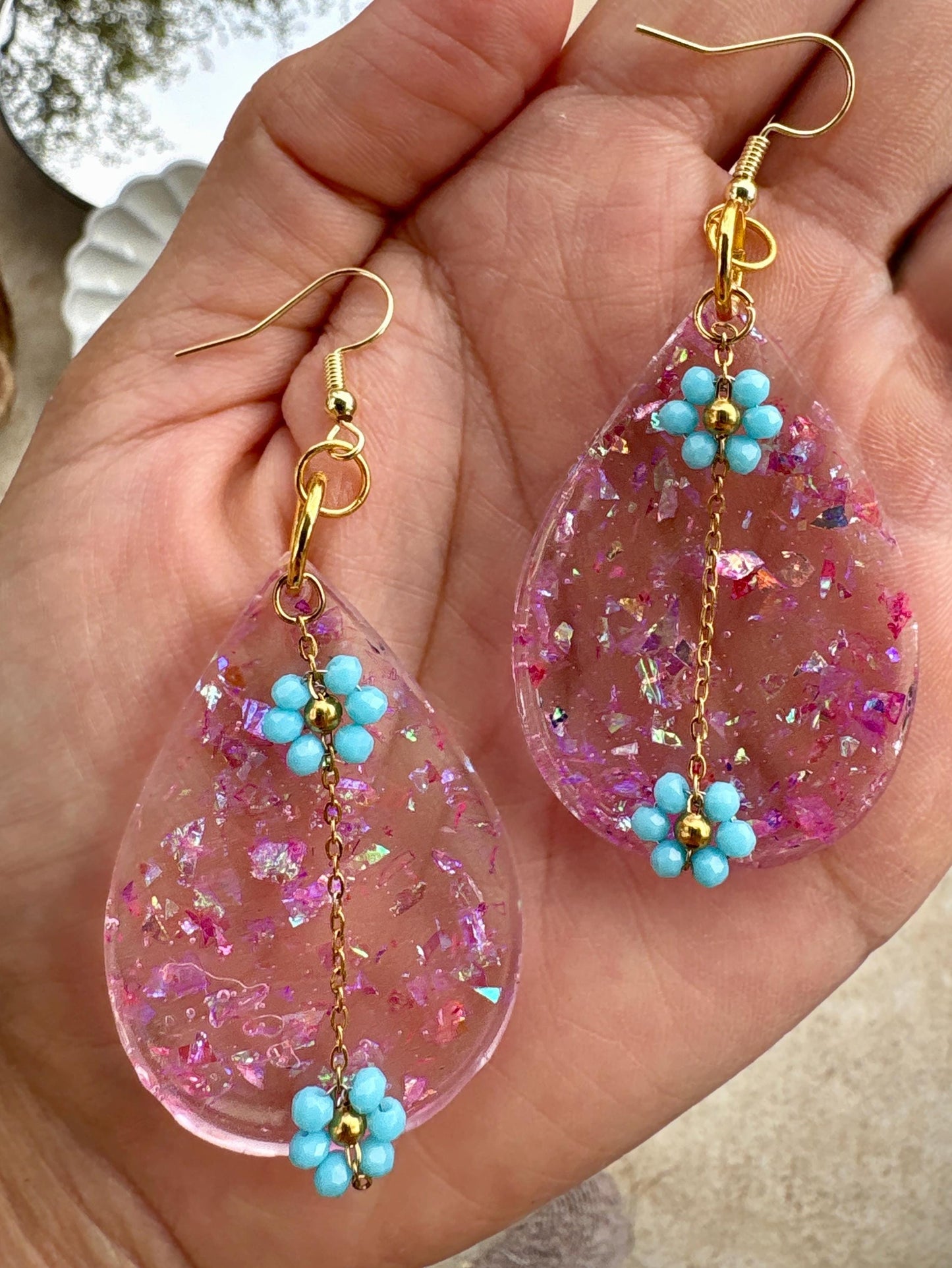 Tropical Leaf Dangle Earrings | Teal Blue Flower Gold Colorful Earrings Consecrated Jewelry Co.