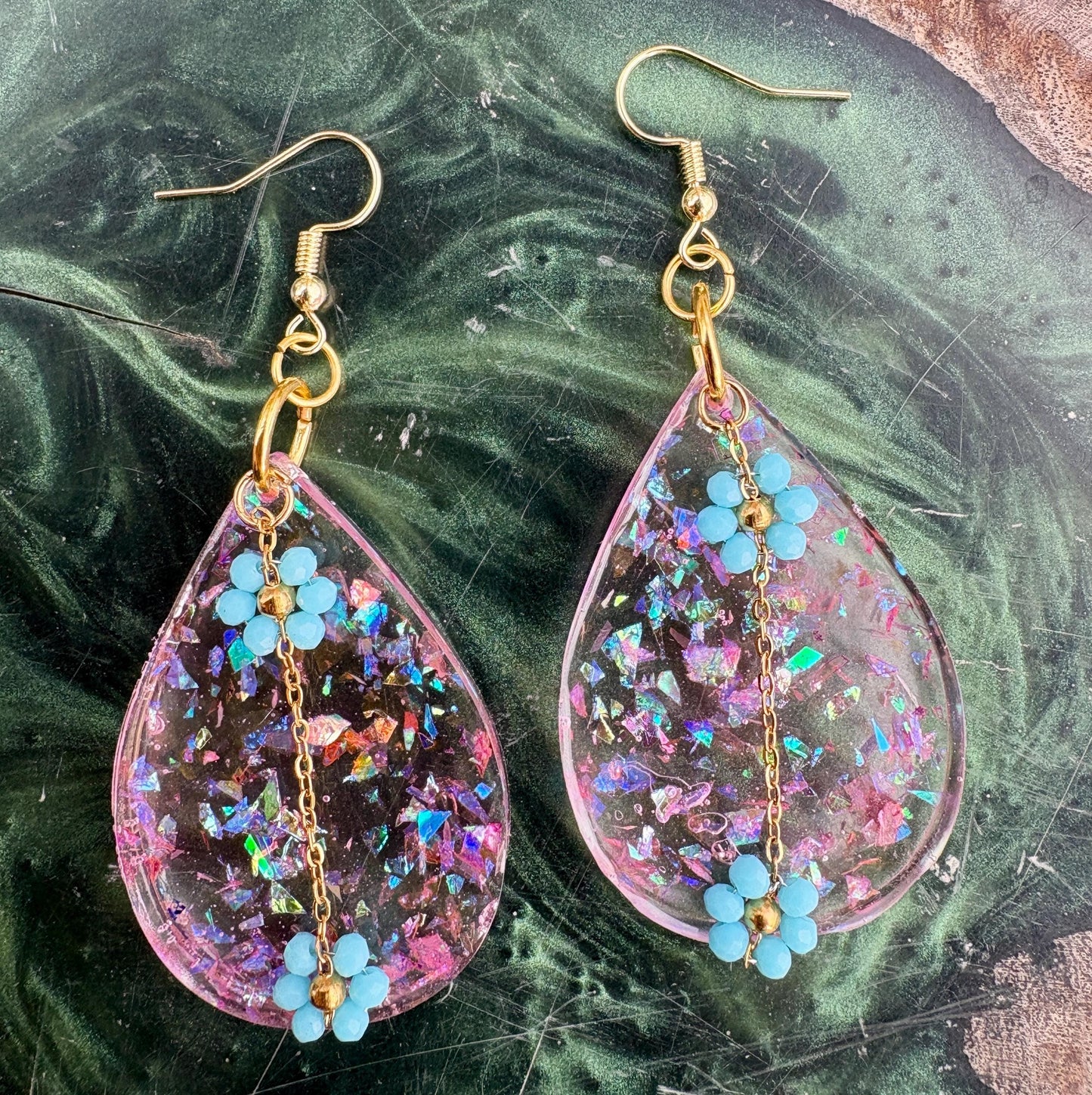 Tropical Leaf Dangle Earrings | Teal Blue Flower Gold Colorful Earrings Consecrated Jewelry Co.