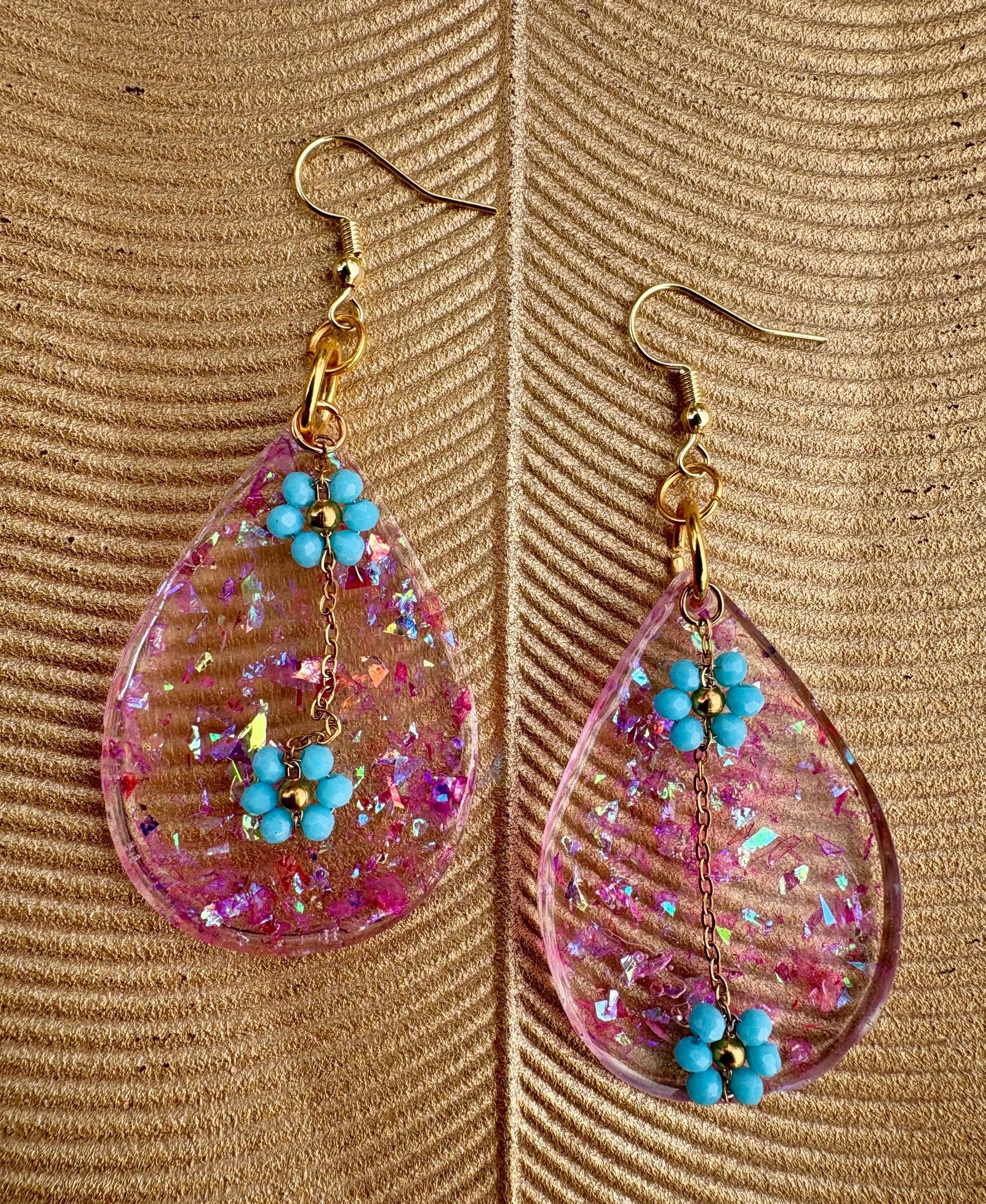 Tropical Leaf Dangle Earrings | Teal Blue Flower Gold Colorful Earrings Consecrated Jewelry Co.