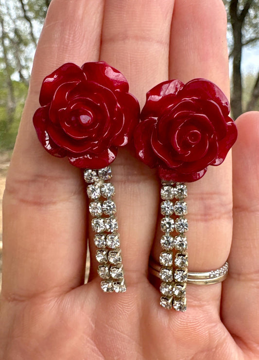 Red Rose Rhinestone Drop Earrings | Vintage Inspired Floral Statement Earrings Consecrated Jewelry Co.