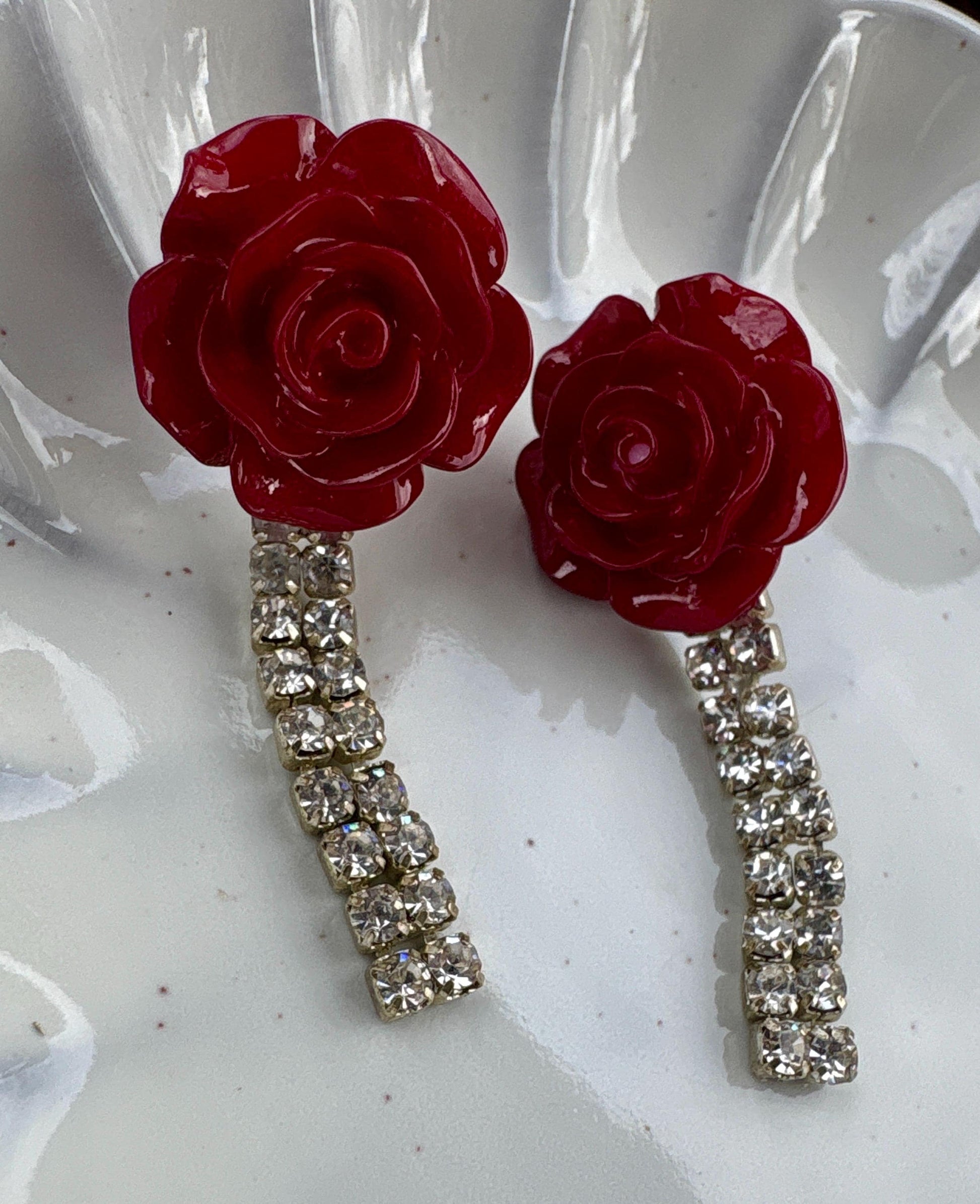 Red Rose Rhinestone Drop Earrings | Vintage Inspired Floral Statement Earrings Consecrated Jewelry Co.