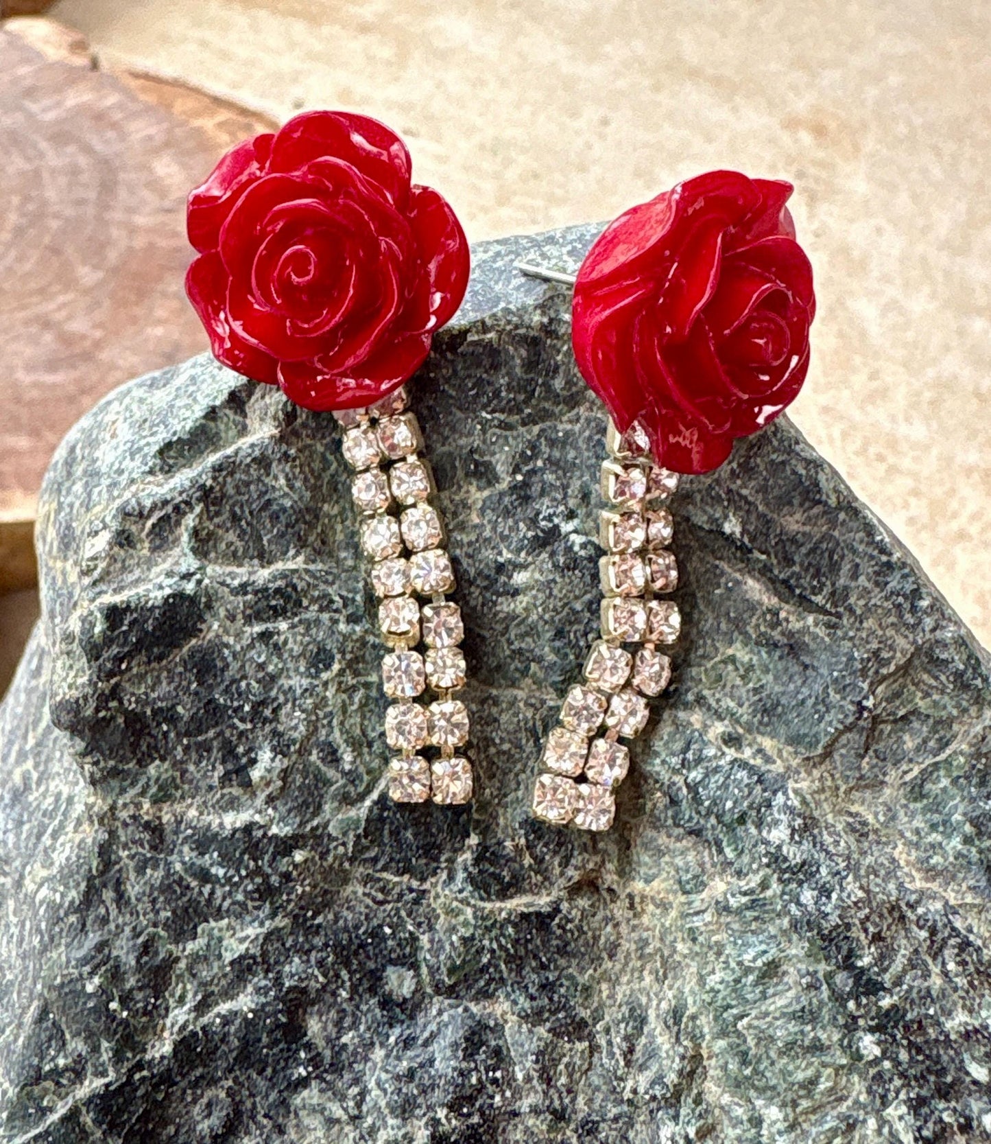 Red Rose Rhinestone Drop Earrings | Vintage Inspired Floral Statement Earrings Consecrated Jewelry Co.