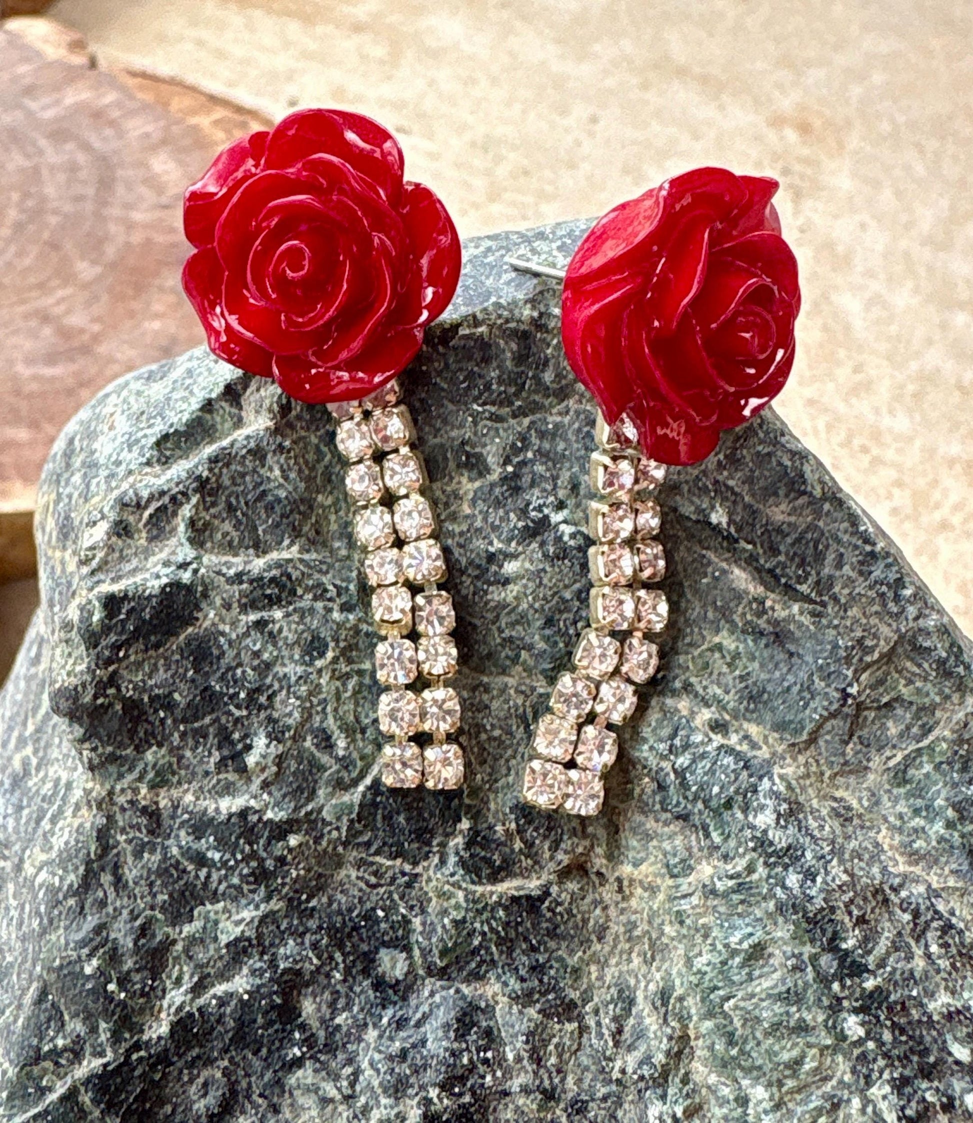 Red Rose Rhinestone Drop Earrings | Vintage Inspired Floral Statement Earrings Consecrated Jewelry Co.