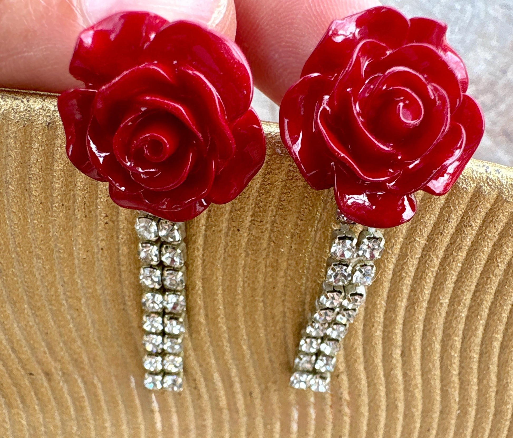 Red Rose Rhinestone Drop Earrings | Vintage Inspired Floral Statement Earrings Consecrated Jewelry Co.