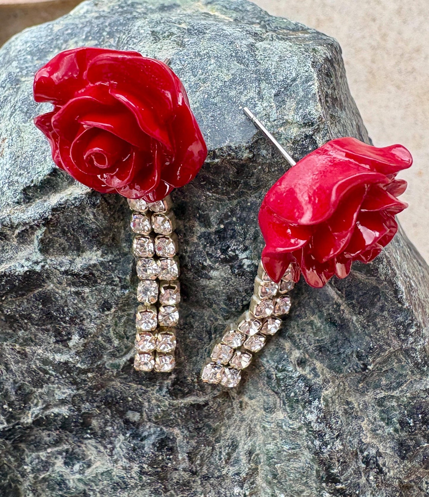 Red Rose Rhinestone Drop Earrings | Vintage Inspired Floral Statement Earrings Consecrated Jewelry Co.