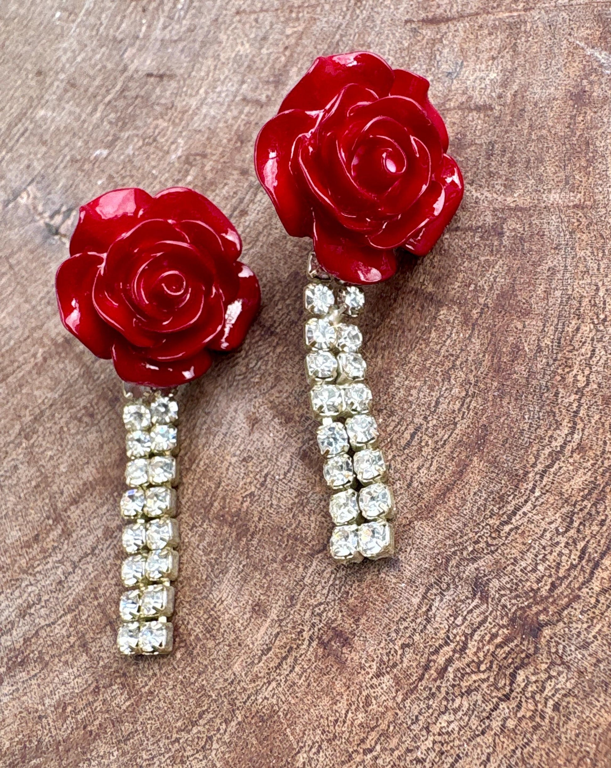 Red Rose Rhinestone Drop Earrings | Vintage Inspired Floral Statement Earrings Consecrated Jewelry Co.