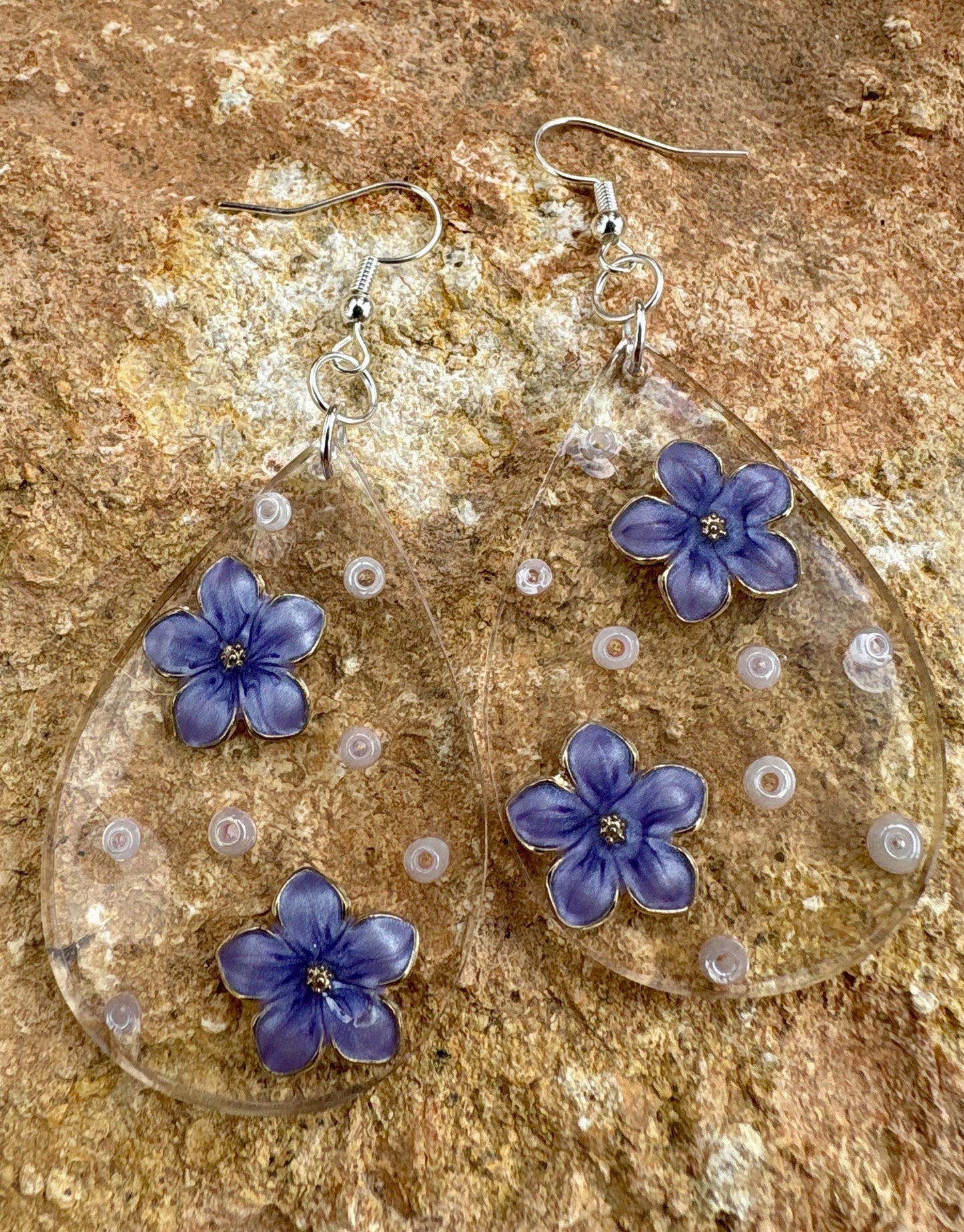 Handmade Floral Resin Teardrop Earrings | Purple Flower & Beads Easter Earrings Consecrated Jewelry Co.